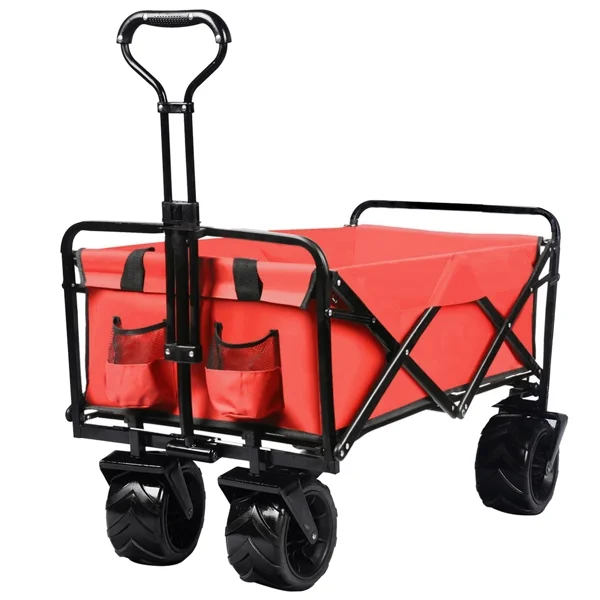 COOKCOK Collapsible Heavy Duty Wagon Cart, Outdoor Folding Utility Camping Garden Beach Cart with Universal Wheels & Adjustable Handle Shopping, Black, Red