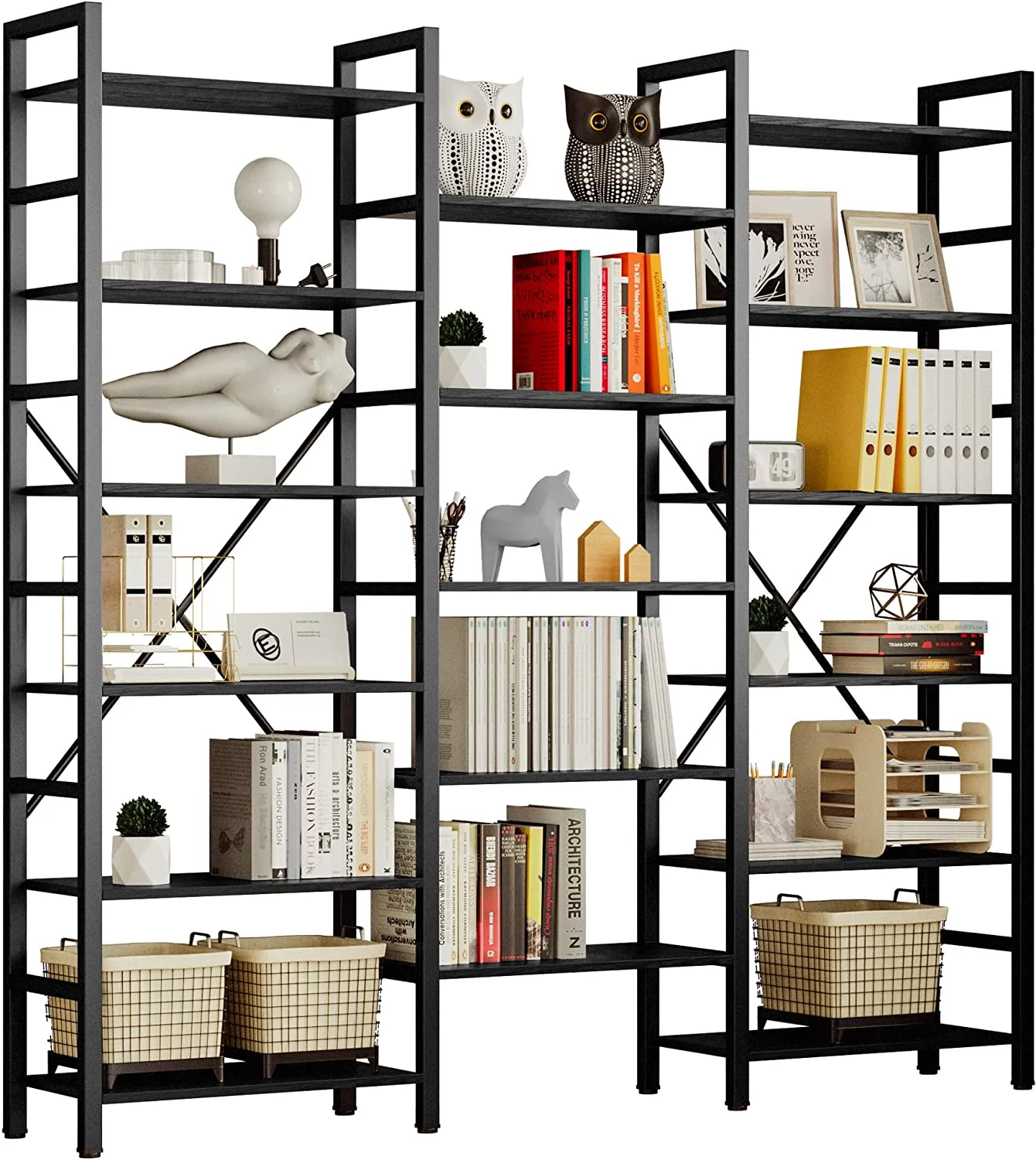 Bookcases and Bookshelves Triple Wide 6 Tiers Industrial Bookshelf, Large Etagere Bookshelf Open Display Shelves with Metal Frame for Living Room Bedroom Home Office