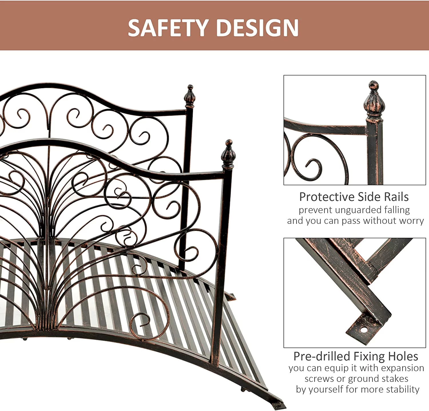 Outsunny 4’ Metal Arch Backyard Garden Bridge with Safety Siderails, Delicate Scrollwork, & Easy Assembly, Black Bronze