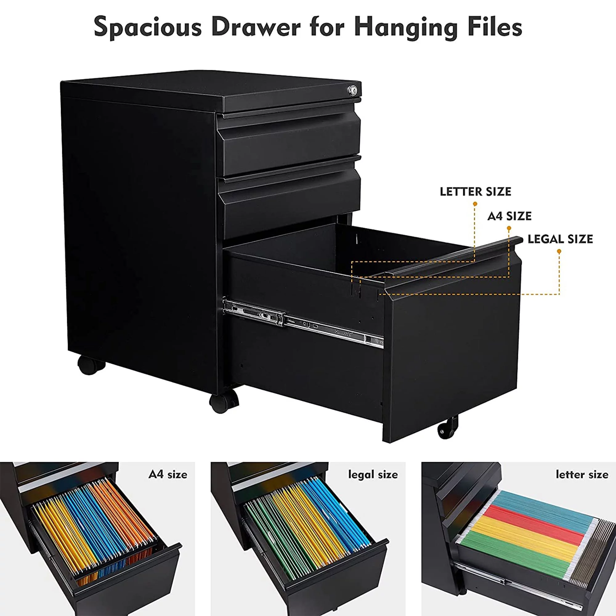 Leariso 3 Drawers Metal Mobile Filing Cabinet for letter, legal, and A4 size hanging files,Black