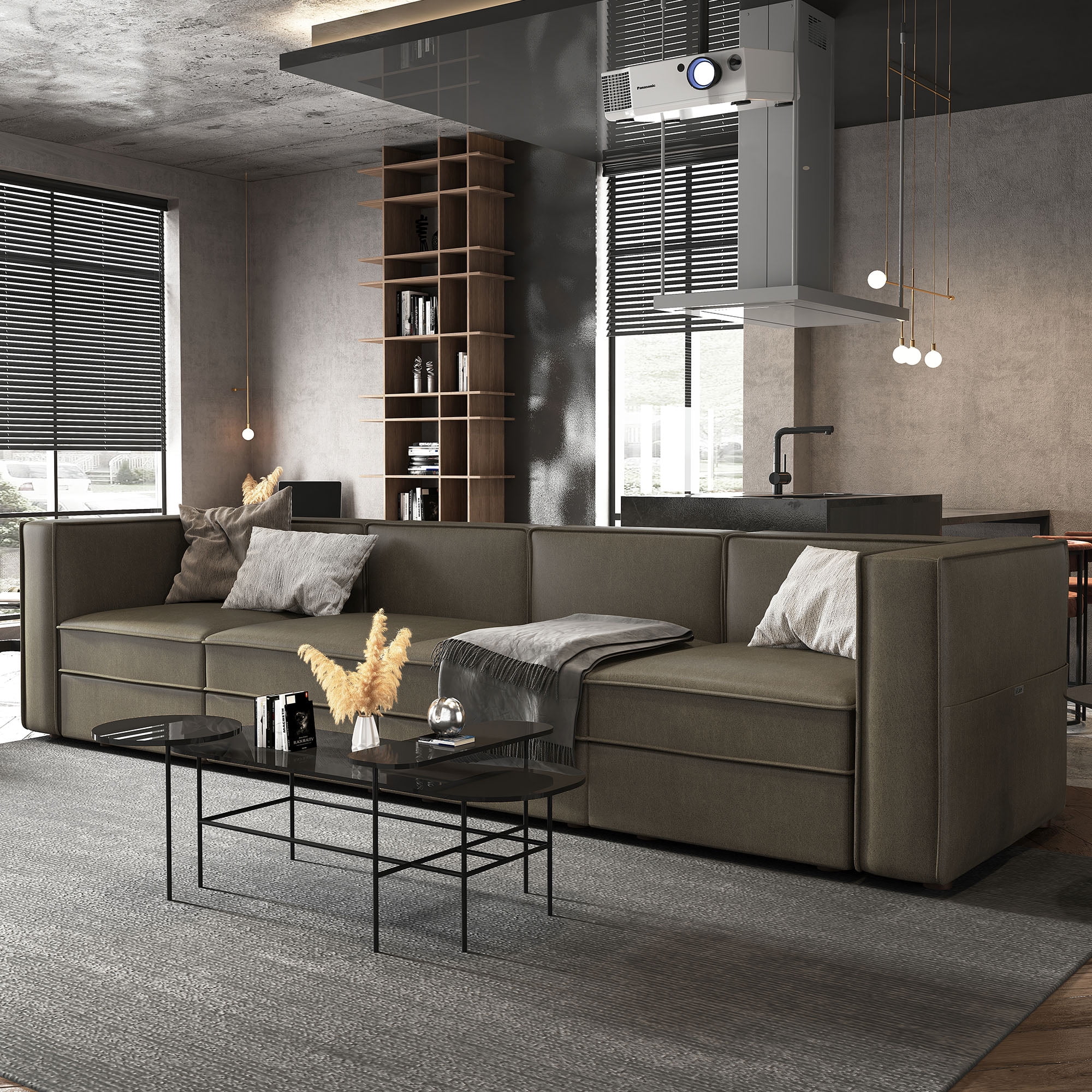 Nolany Modular Sectional Sofa Couch 4-Seat Sofa with Storage Seat, Dark Grey Microfiber