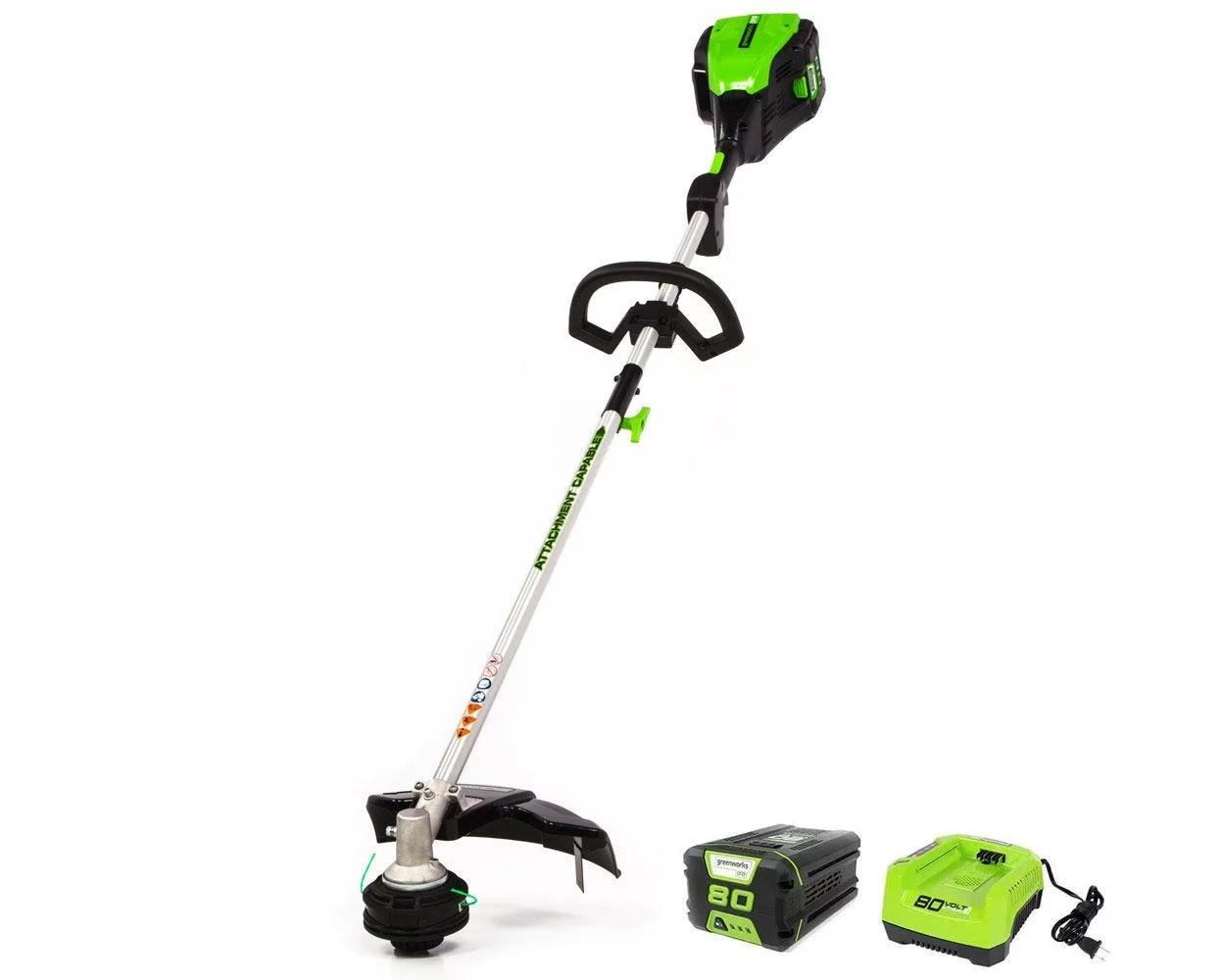 Greenworks 80 Volt 16 inch Brushless Attachment Capable String Trimmer with 2.0 Ah Battery and Charger, 2101102