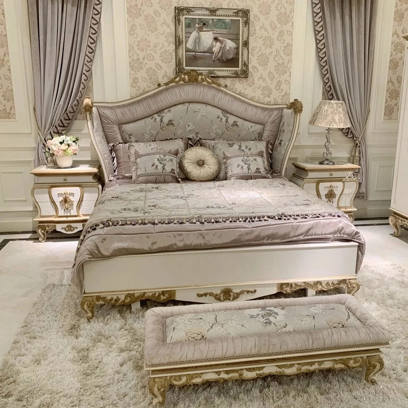 European-style Luxury Heavy Industry Carved Beech Wood Master Bedroom Double Bed White Light Purple
