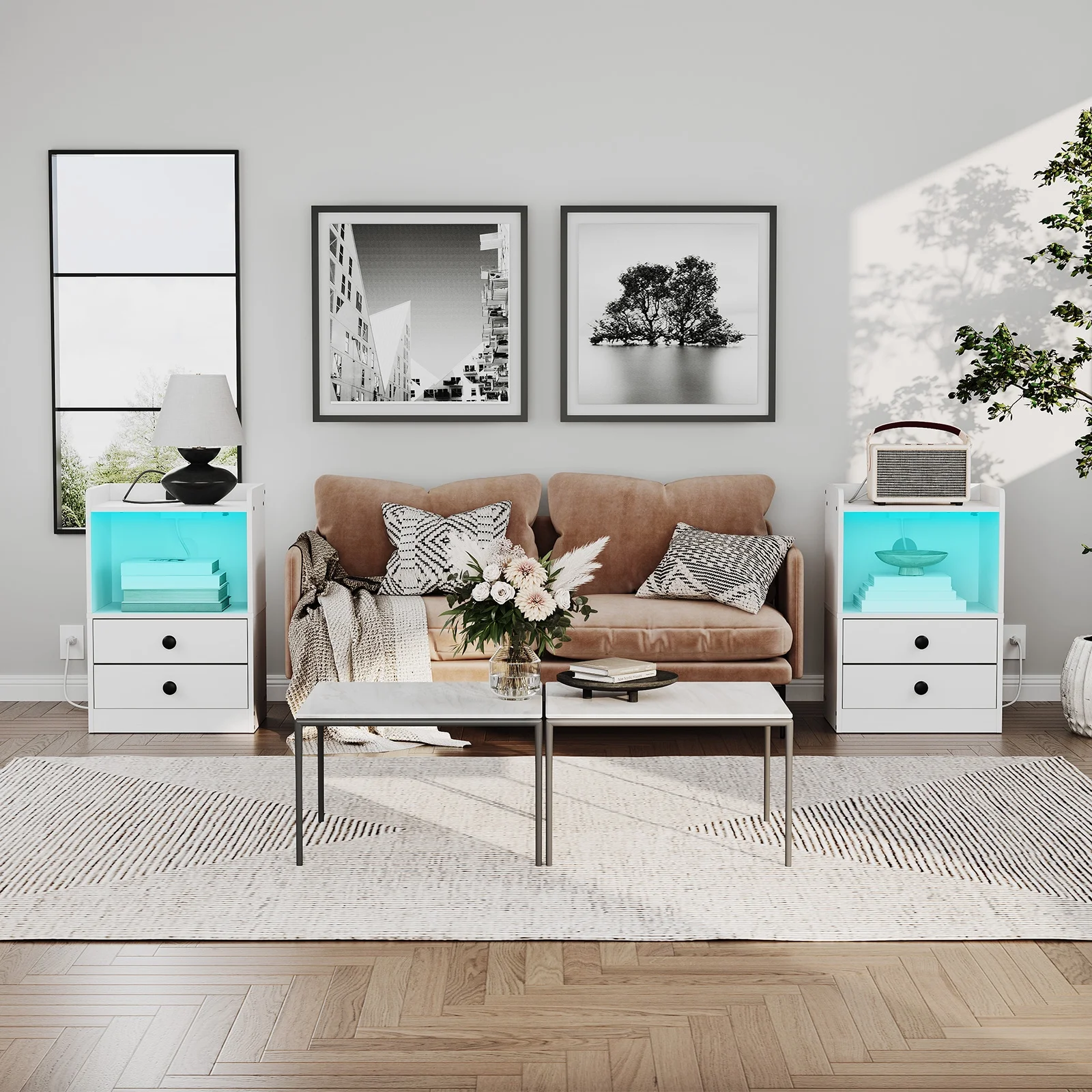 HOOBRO Set of 2 Nightstand with Charging Station and LED Light Strip Side Table with 2 Drawers Bedroom Cloakroom White WT28UDBZP201