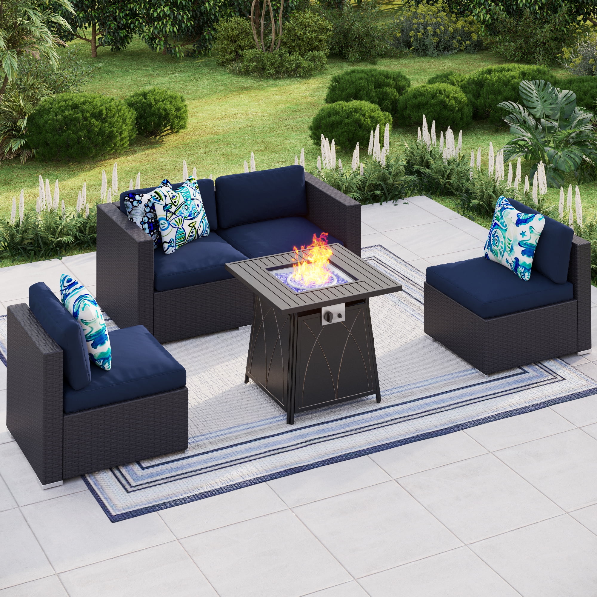 MF Studio 5 Piece Outdoor Sectional Furniture Sets with Fire Pit Blue