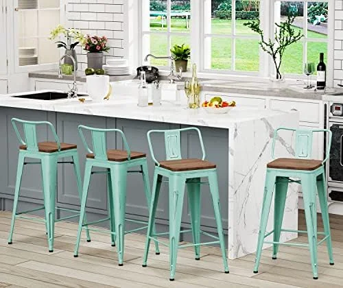 HBBOOMLIFE Stool Metal  Stools Set of 4 Industrial Counter Height  Stools White  Distressed Swivel  Stools with Back and Wooden Seat 26"  Stools Counter Height