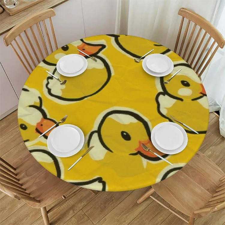 WXKJ Cute Rubber Ducks Tablecloth with Elastic Edge, Round Table Cloth Yellow Cartoon Ducky Washable Reusable Table Cover for Kitchen Dining Party Picnic White