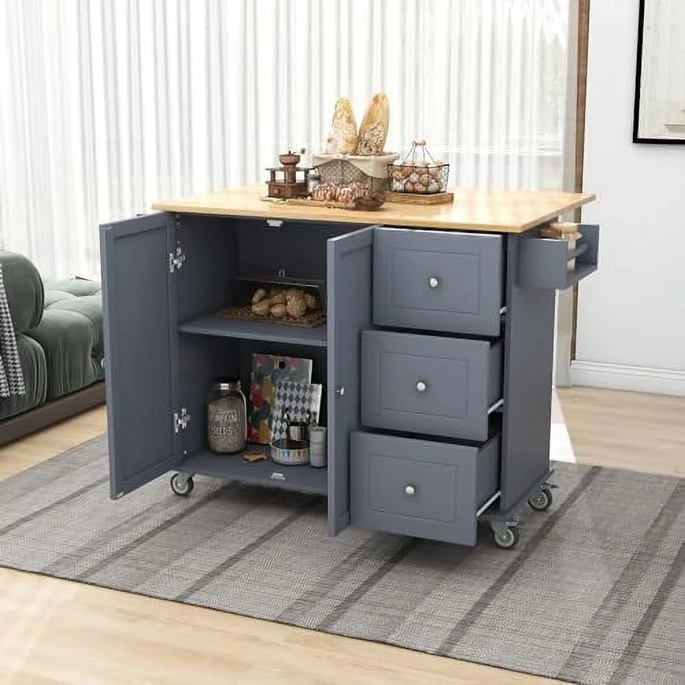 Rolling Kitchen Island Cart on Wheels with Drop Leaf and 3 Drawers  Mobile Portable Kitchen Island Table with  Cabinet  Towel and Spice Rack  for Living Room Dinning Room (Black)