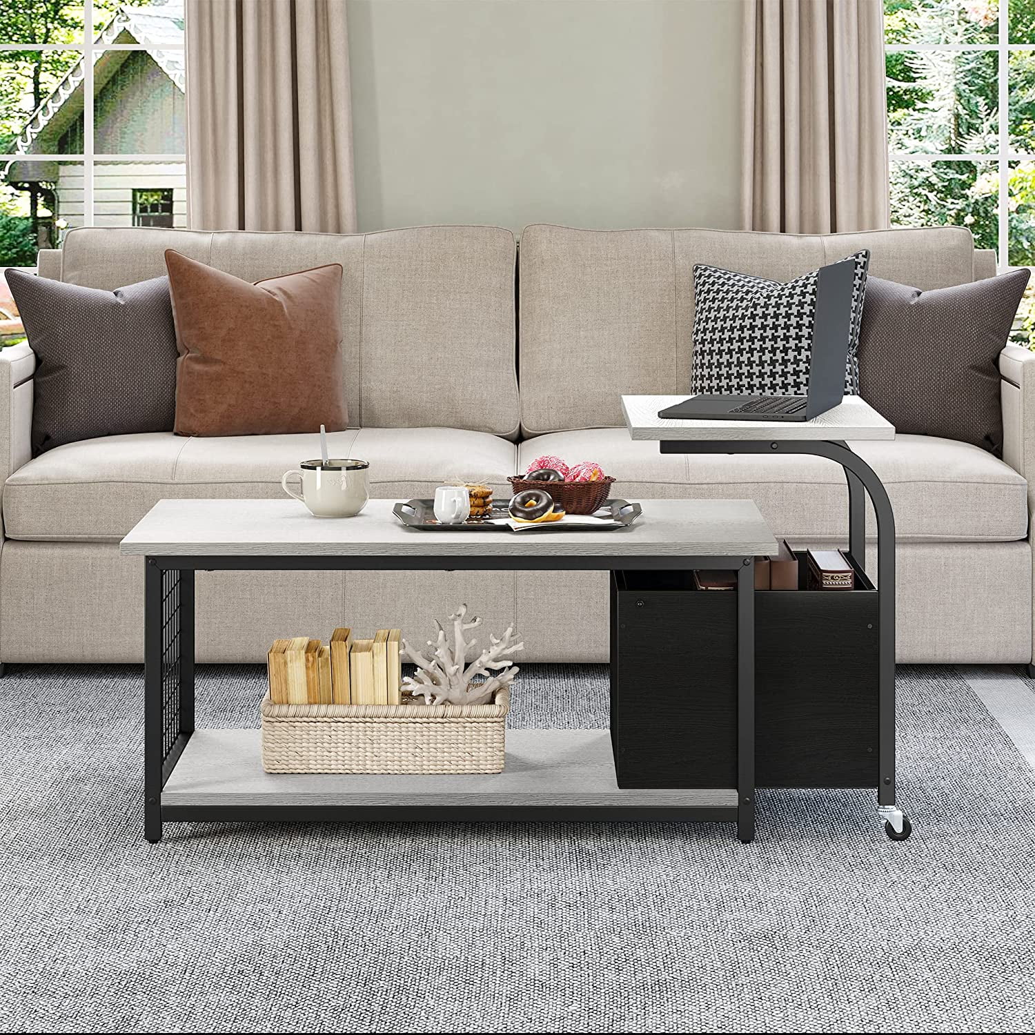Dextrus Nesting Coffee Table Set of 2, Modern Side End Tables W/ Storage Shelf for Living Room, Wooden Top & Metal Frame