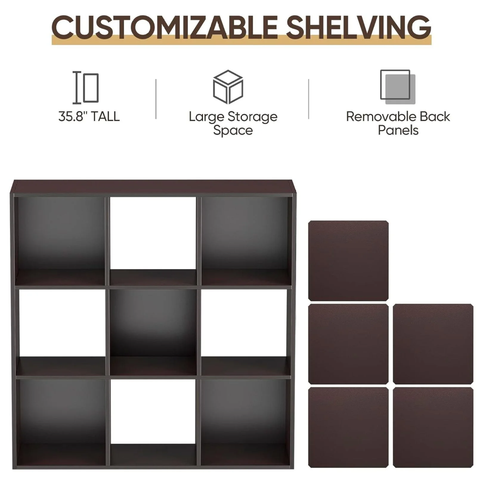9 Cube Storage Organizer Shelf with 5 Removable Back Panels Freestanding 3-Tier Open Wood Bookshelf for Home, Office, Bedroom, Living Room (Espresso)