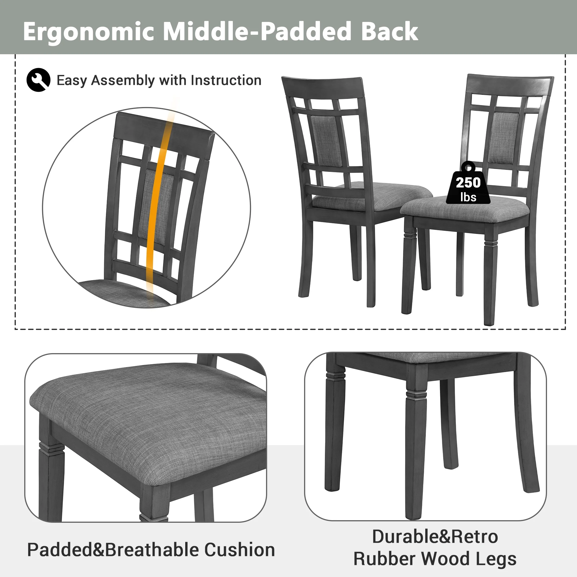 CoSoTower 7-Piece Farmhouse Rustic Wooden Dining Table Set Kitchen Furniture Set with 6 Padded Dining Chairs, Gray