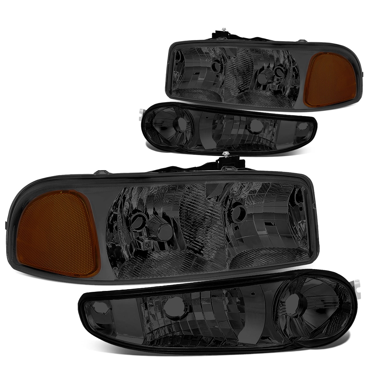 DNA Motoring HL-OH-DAN994P-SM-AM For 2001 to 2007 GMC Sierra C3 Yukon Denali 4Pcs of Smoked Lens Amber Corner Headlights + Bumper Lamps 02 03 04 05 06 Left + Right
