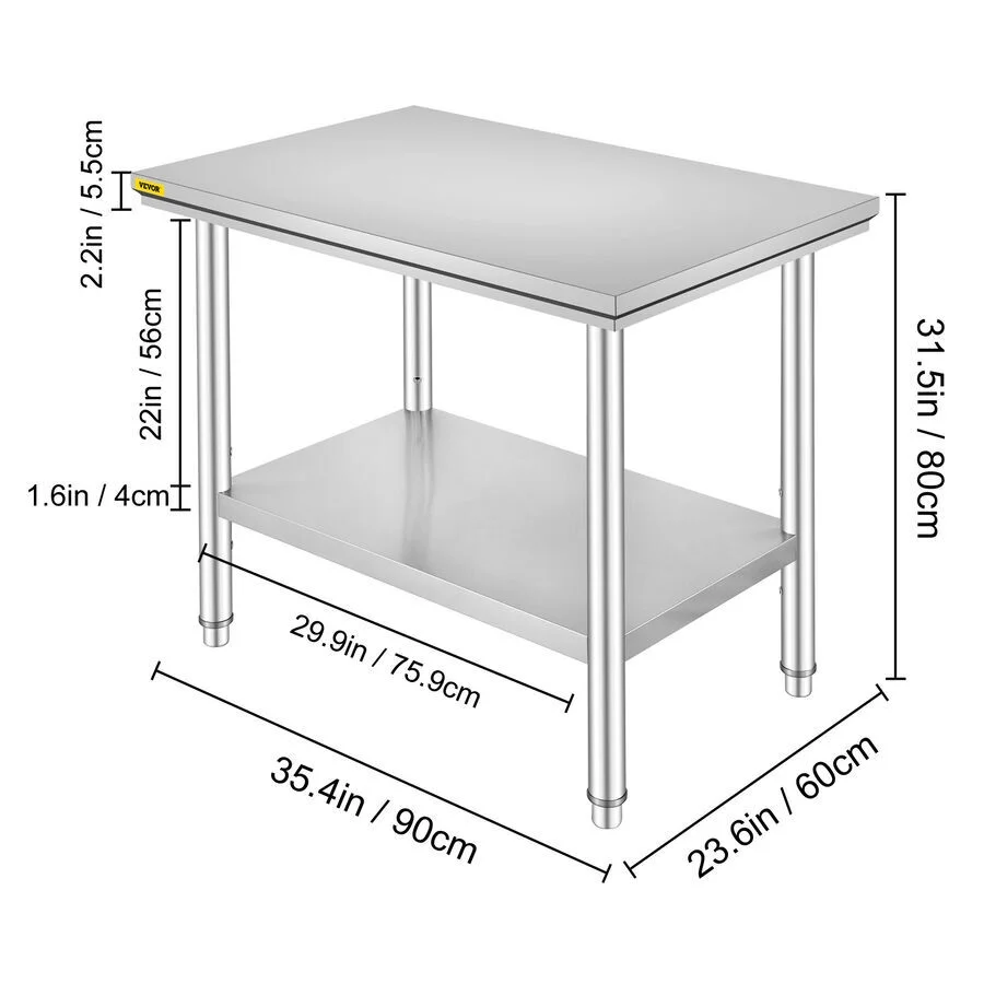 Stainless Steel Work Table 24x36 in with Adjustable Shelf and Feet