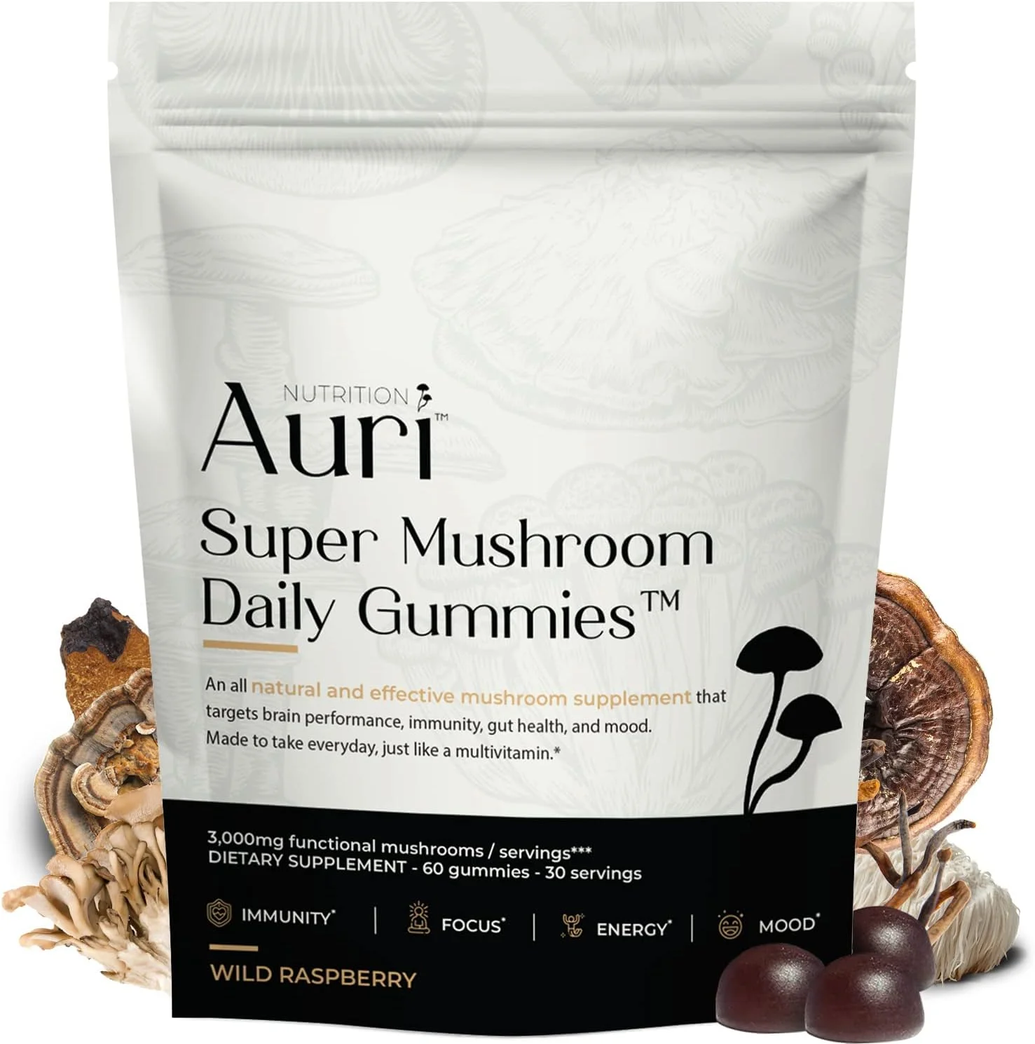 Auri Super Mushroom Gummies - All-in-One Daily Supplement Gummy - 12 Mushroom Blend with Chaga, Lions Mane, Reishi, Cordyceps - Boost Your Immunity, Focus, Energy, Mood - 60 Gummies