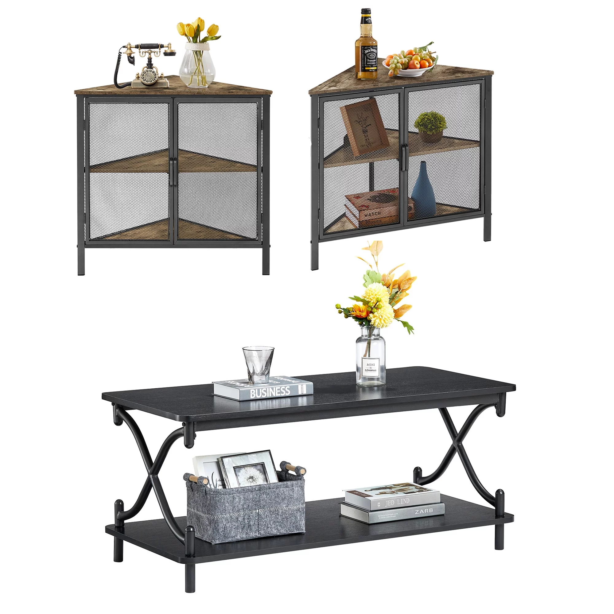 VECELO Coffee Table Set of 3 with Coffee Table and Corner Shelf, 3-Piece Living Room Set, Rectangle Coffee Table with Shelf and X Design, Multi Tier Storage Corner Storage Cabinet, Black (Set of 3)