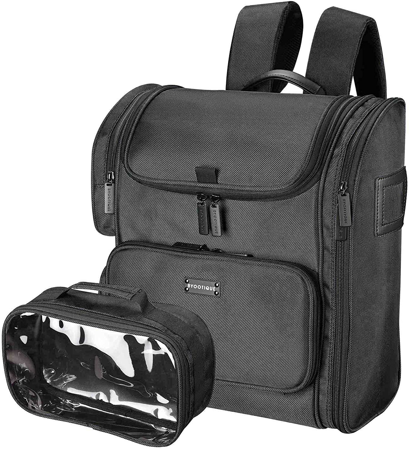 AW BYOOTIQUE Classic Black Makeup Train Case Soft Sided Cosmetic Backpack Storage Organizer Barber Carry on Travel with Side Pocket Removable Bag