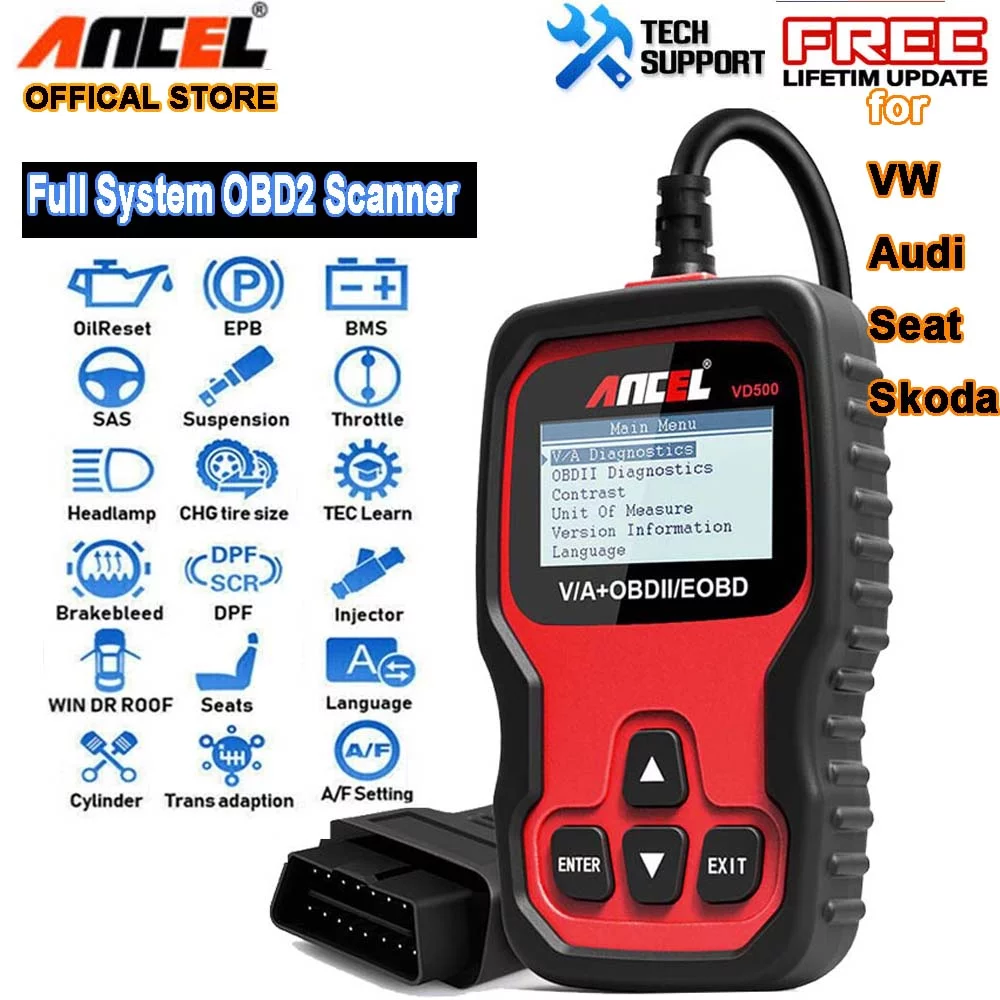 Ancel All System ABS SRS EPB IMMO Oil Automotive OBD2 Scanner EPB OIL Throttle Adapation Code Reader for VW Audi Skoda Seat Diagnostic Tool