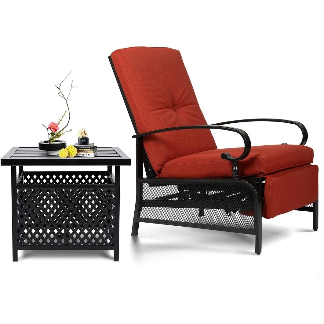 SUNCROWN Outdoor Patio Adjustable Cushioned Recliner Lounge Chair Set with Coffee Square Side Table Red