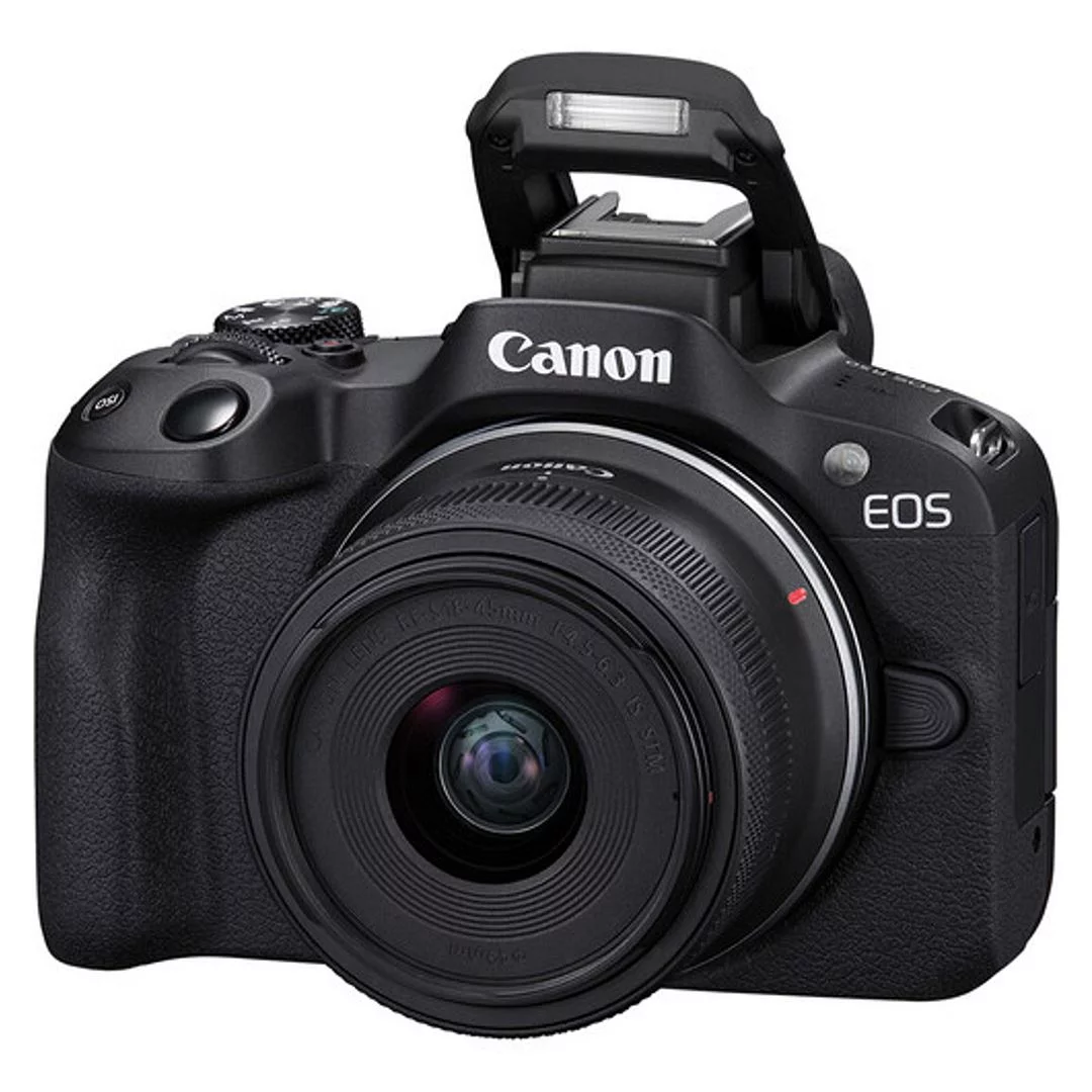 Canon EOS R50 Mirrorless Camera with RF-S 18-45mm Lens + SanDisk 128GB Memory Card + Case + LED Flash + ZeeTech Accessory Bundle
