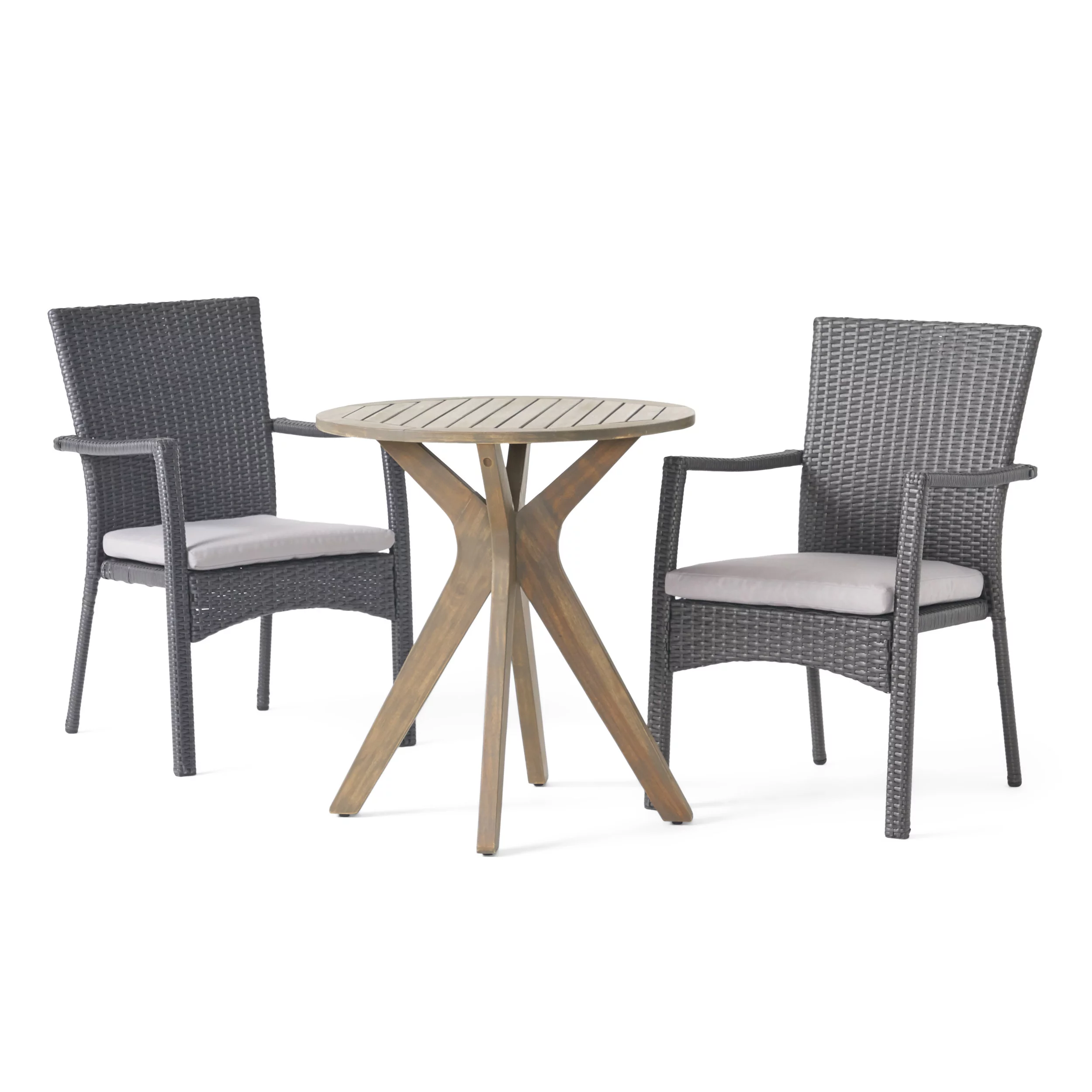 Sage Outdoor 3 Piece Acacia Wood and Wicker Bistro Set, Gray with Gray Chairs