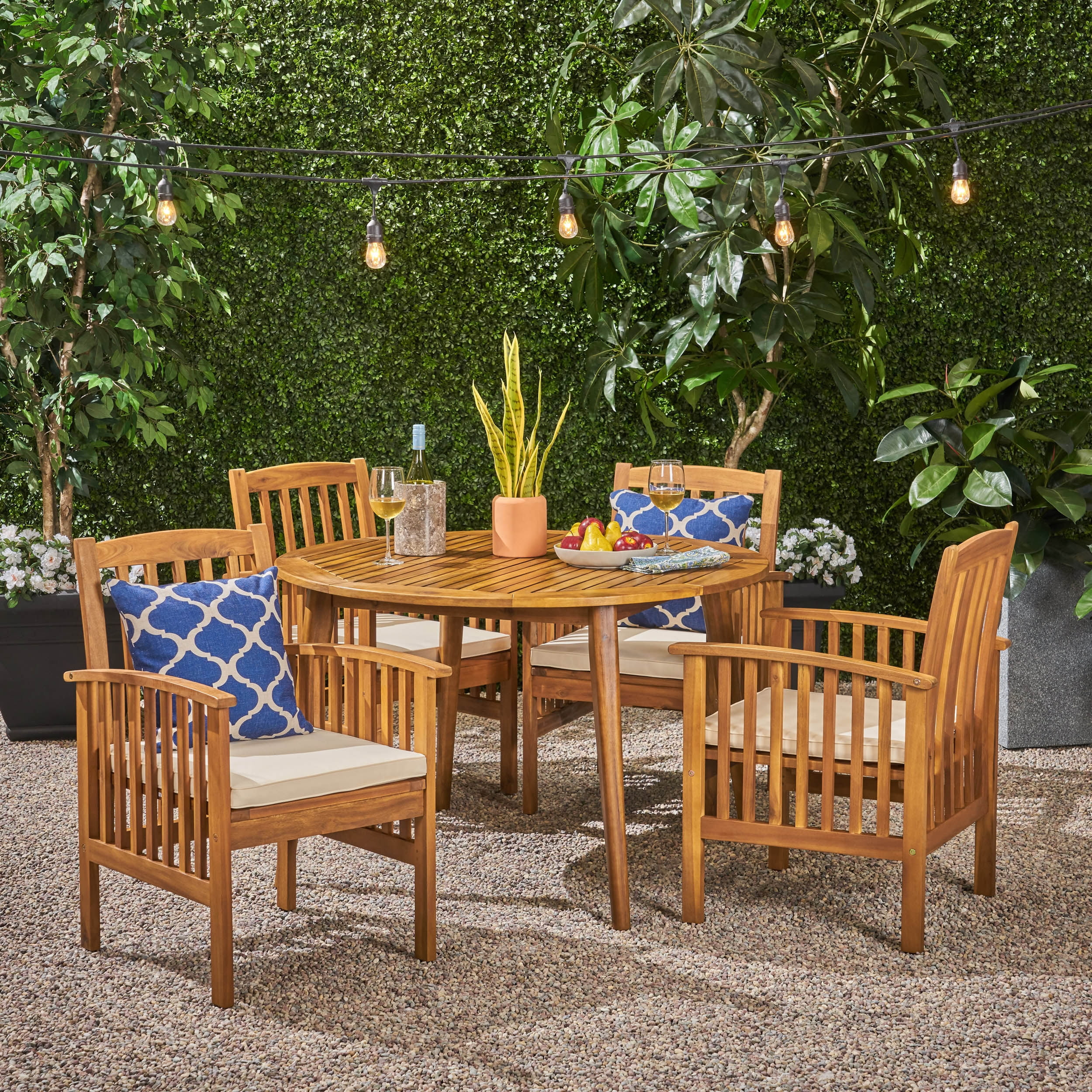 GDF Studio Maura Outdoor Acacia Wood 5 Piece Dining Set with Cushion, Teak and Cream
