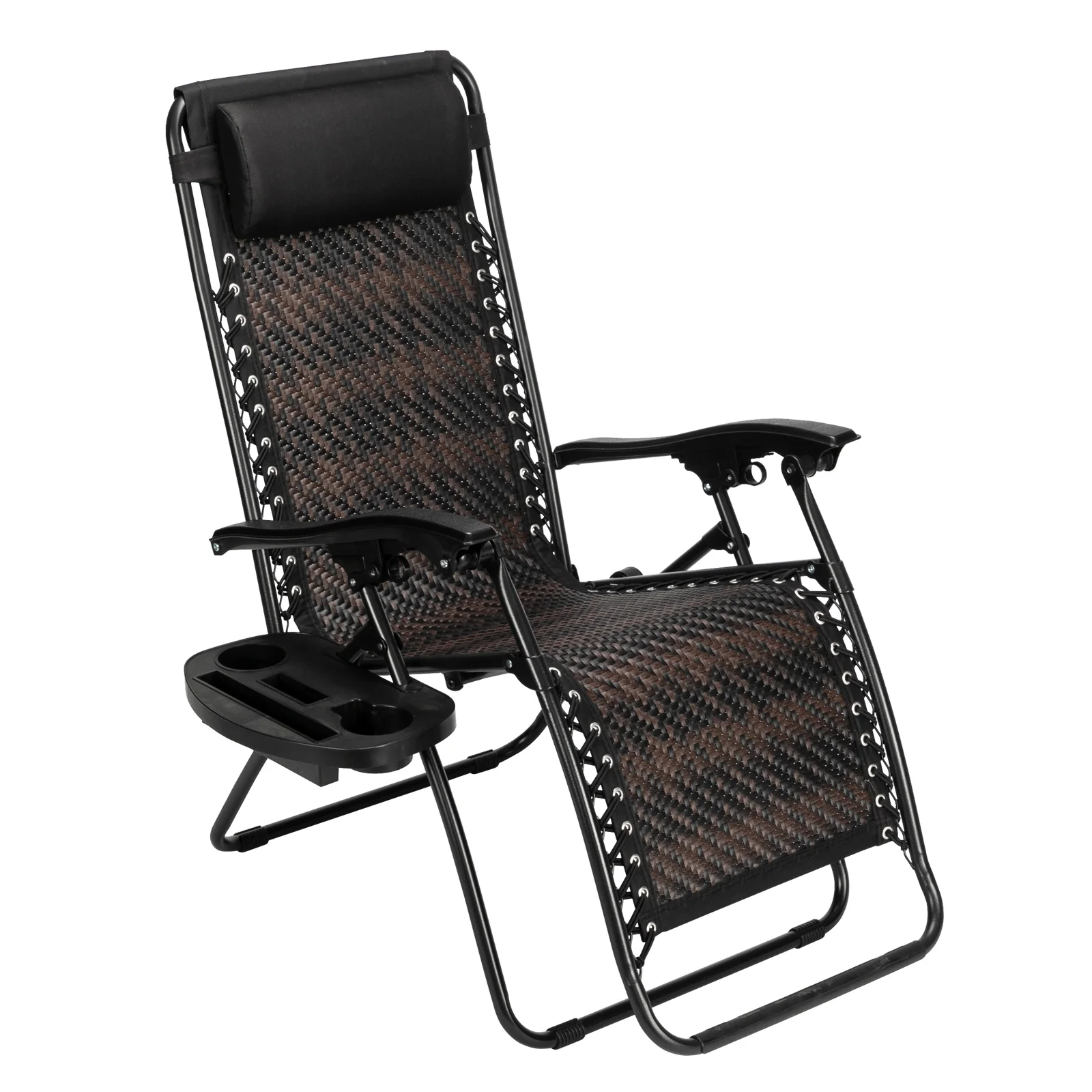 VINGLI Patio Wicker Chair Zero Gravity Chair with Cup Holder and Pillow, Outdoor Folding Rattan Recliner for Garden Patio Porch Outdoor and Indoor Use