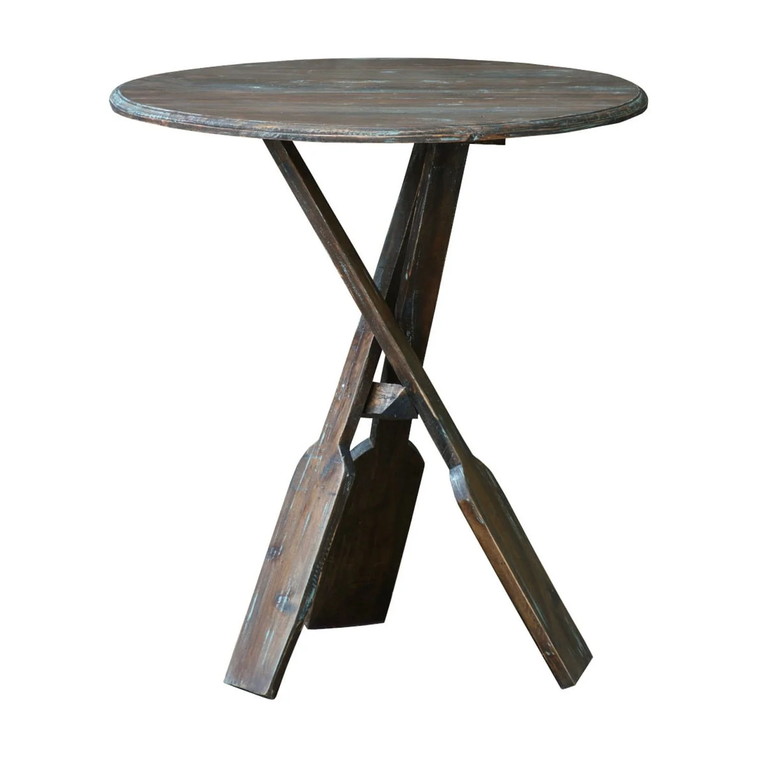 HomeStock Round Boat Oar Accent Table , Distressed Brown/Blue Solid Wood , Fully Assembled Retro Relaxation Stand