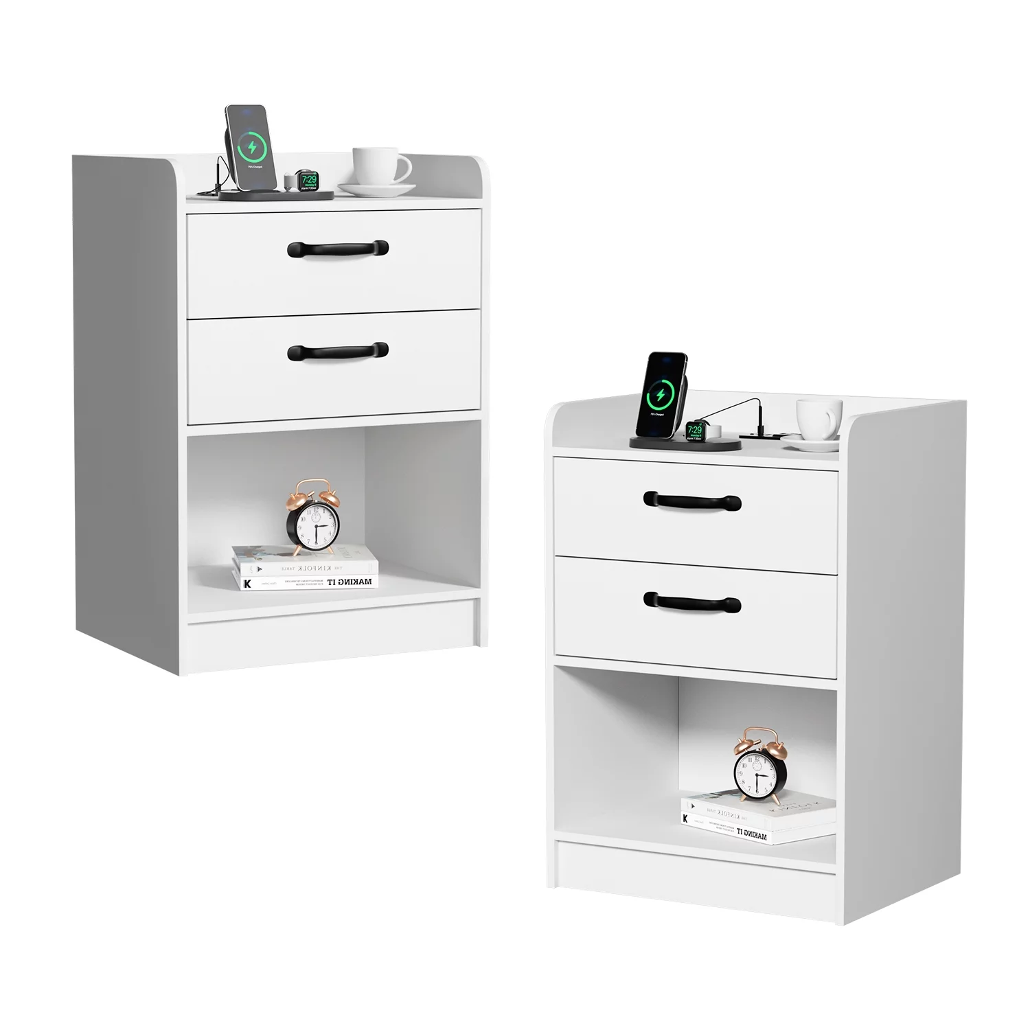 Nightstand with Charging Station and LED Lights, Side Table with Storage Set of 2, 2 Drawers Bedroom End Table, USB Ports, Beside Table for Bedroom Living Room, White