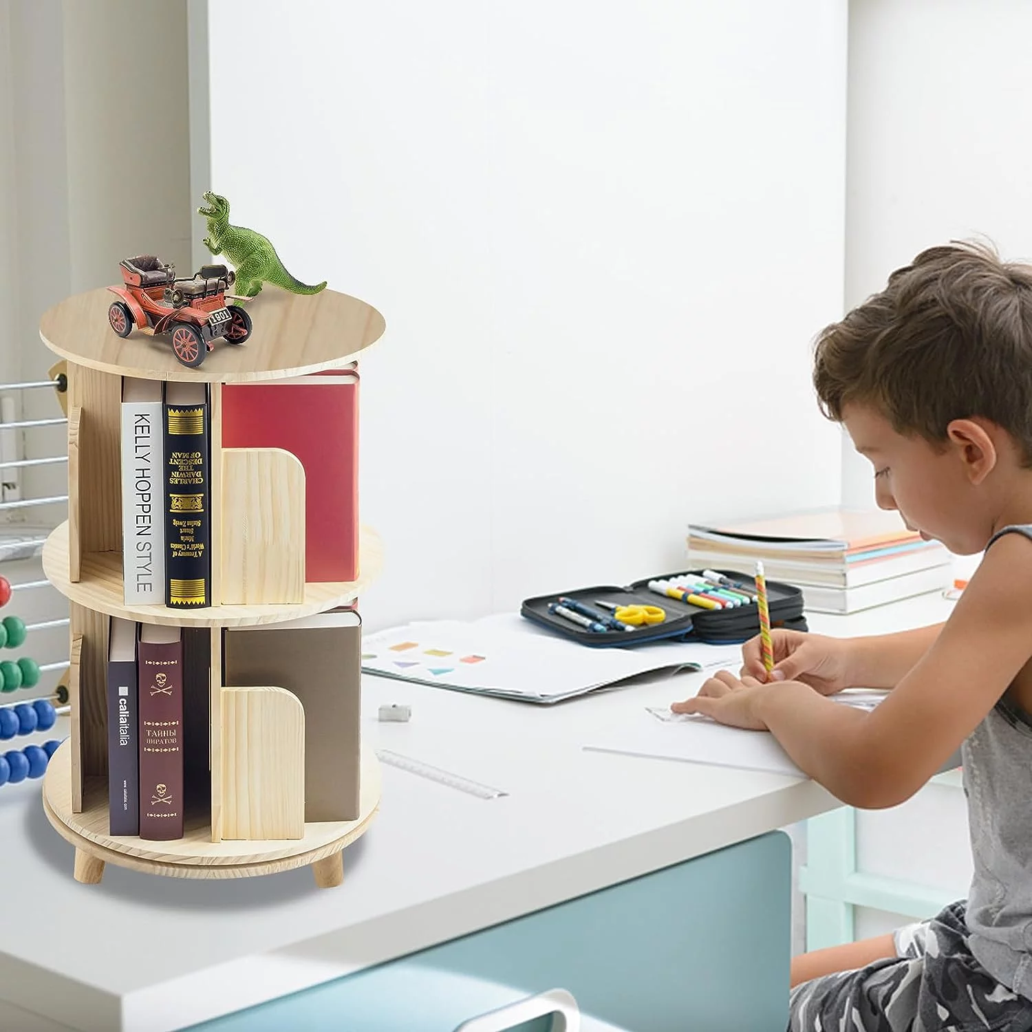 5 Tier Rotating Bookcase With Legs,360°Display Wood Round Bookshelf,Swivel Bookcase