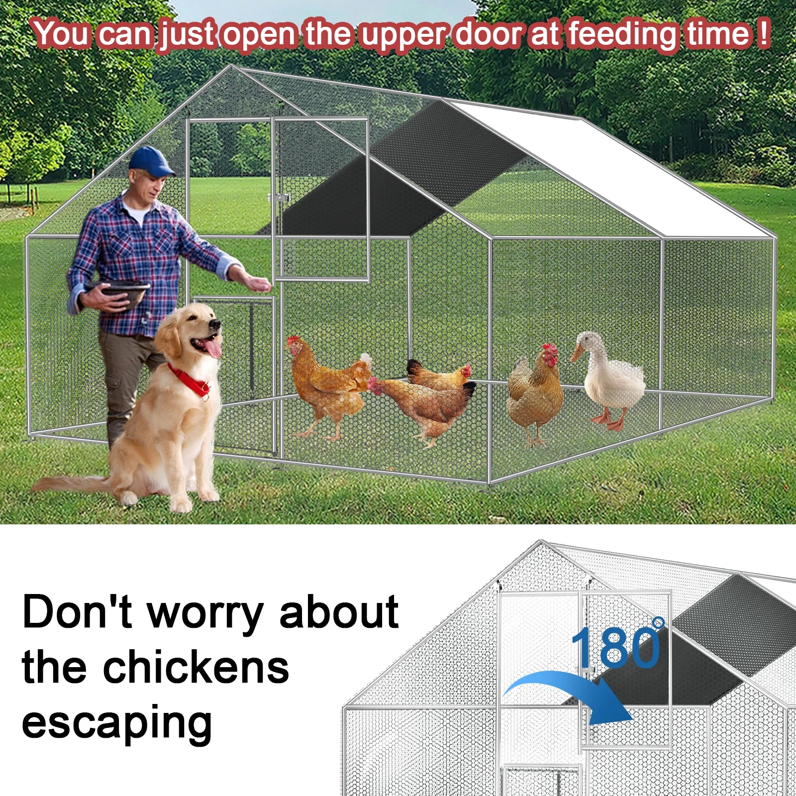 JBLCC Large Metal Chicken Coop with Run, Walkin Poultry Cage for Yard with Waterproof Cover, 13.1 x 9.8 x 6.6 ft Peaked Roof for Hen House, Duck and Rabbit, Silver