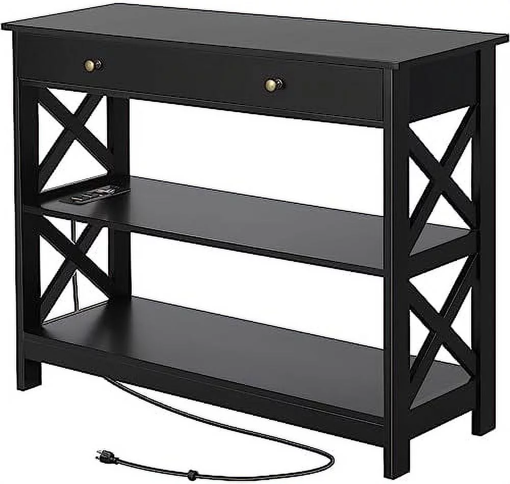 ZFGSUIJN Console Table with Drawer  39.5" Entryway Table with  Shelves  Narrow Long Sofa Table with Outlets & USB Ports  3-Tier Entry Table for Living Room  Hallway  Foyer  Black