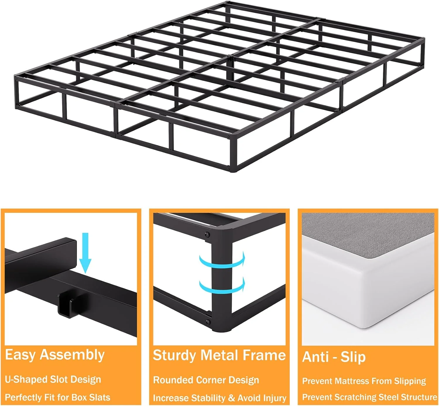 YILAN Queen Box Spring，5 Inch Low Profile Metal Boxspring with Non-Slip Fabric Bed Cover, Sturdy Heavy Duty Steel Structure Bed Base, Noise-Free Mattress Foundation, Easy Assembly，Black