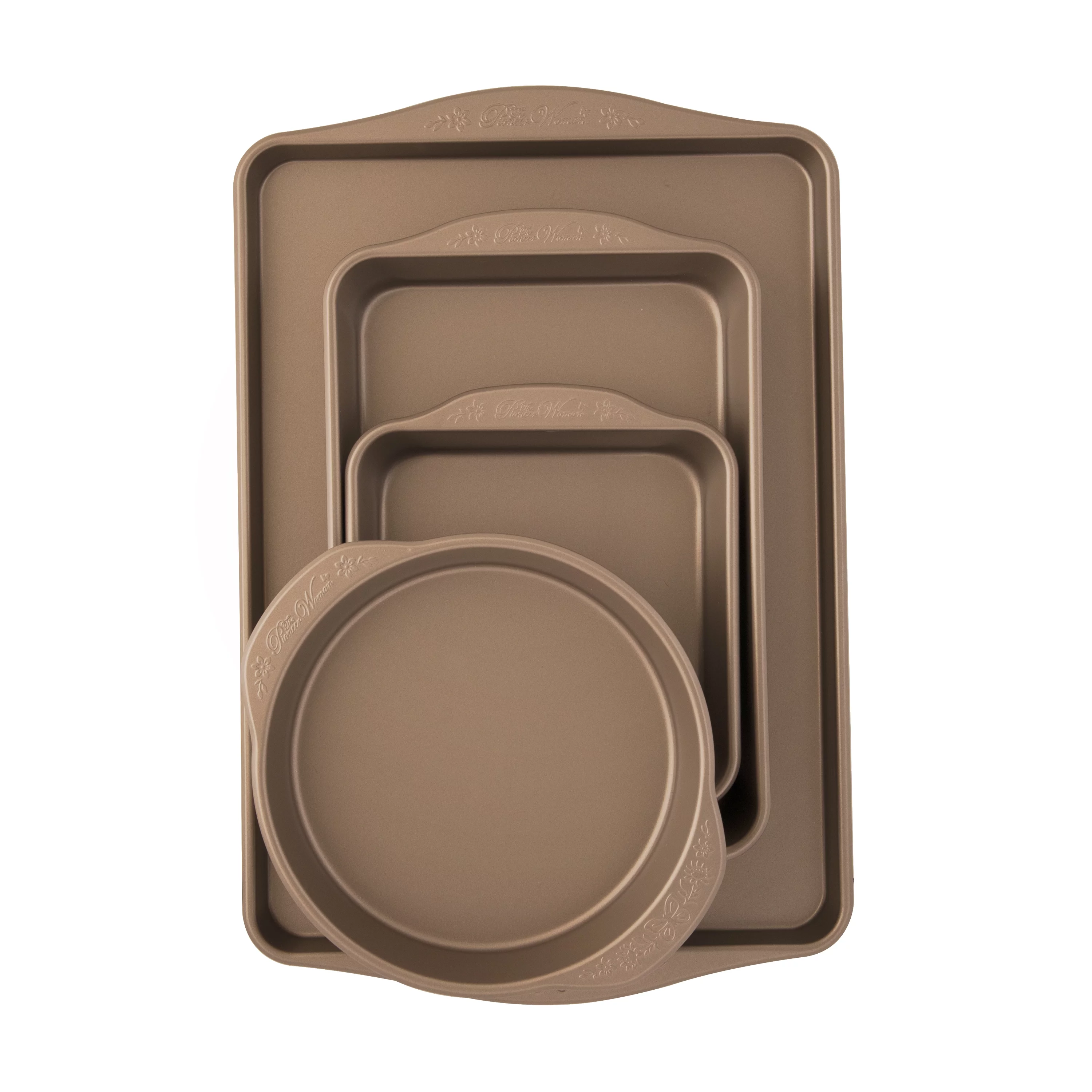 The Pioneer Woman 4-Piece Nonstick Metal Bakeware Bundle, 9” Round, 9x13, 8” Square, and Large Cookie Sheet
