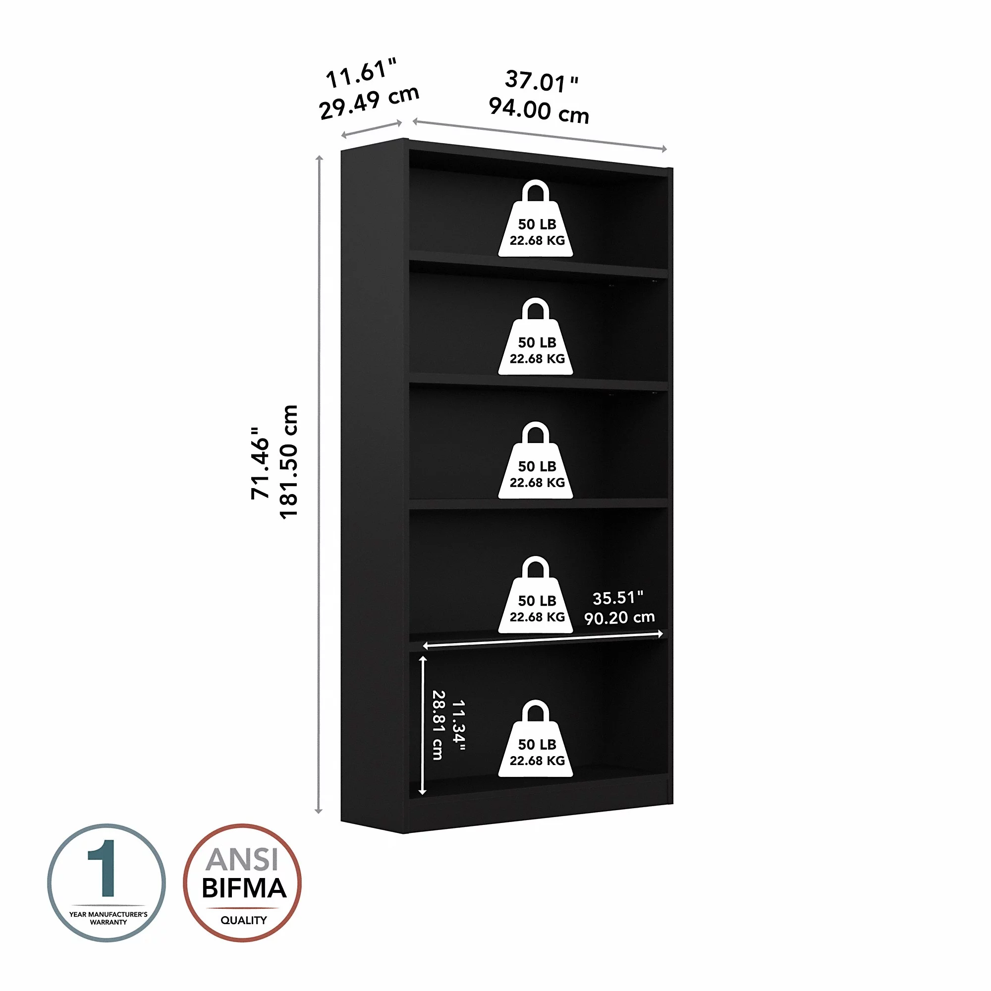 Bush Furniture Universal 5 Shelf Bookcase in Classic Black