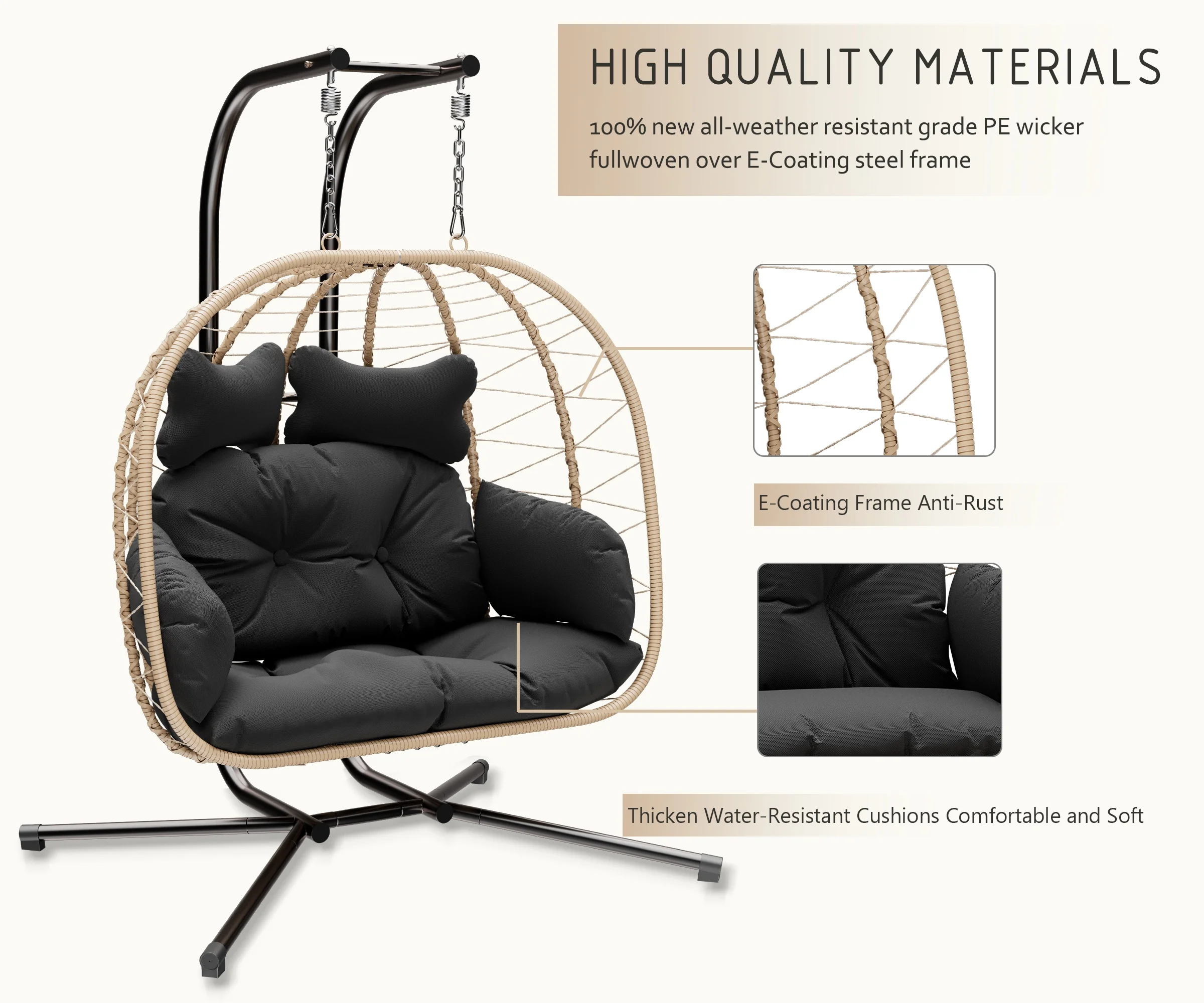 LHBcraft Double Wicker Swing Egg Chair Hammock Foldable Hanging Loveseat with Stand, UV Resistant Removable Cushions, 700LBS Capacity for Bedroom, Balcony
