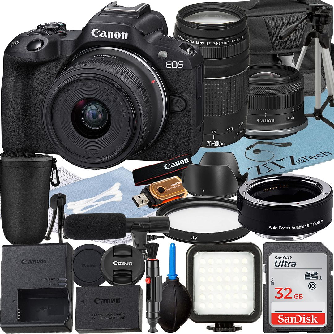Canon EOS R50 Mirrorless Camera with RF-S 18-45mm + EF 75-300mm Lens + Mount Adapter + SanDisk 32GB Memory Card + Case + LED Flash + ZeeTech Accessory Bundle