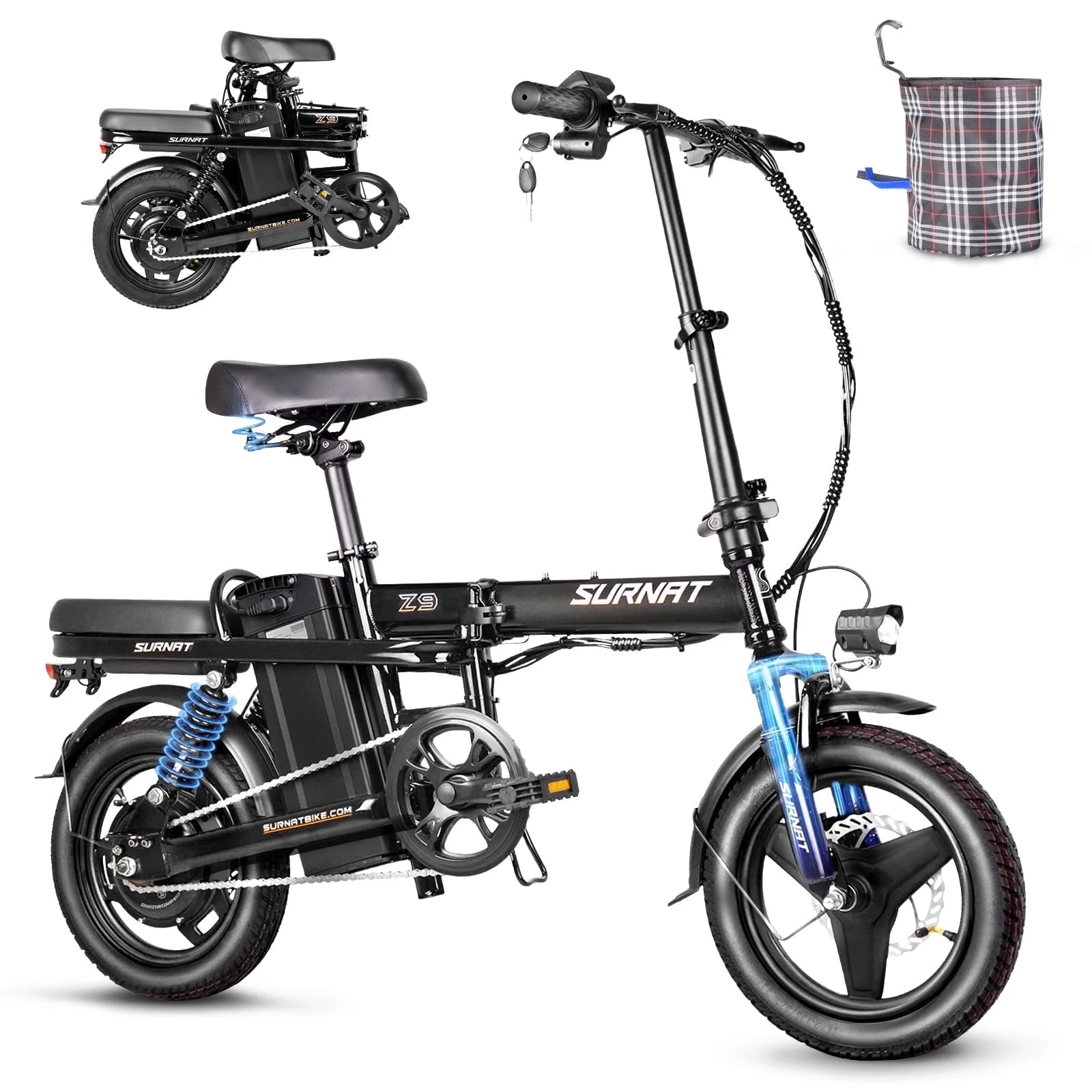 SURNAT Z9 Folding Adult Electric Bike Full Suspension 400W(Peak 600W) 48V 10.4Ah/13Ah Removable Battery 23MPH 14