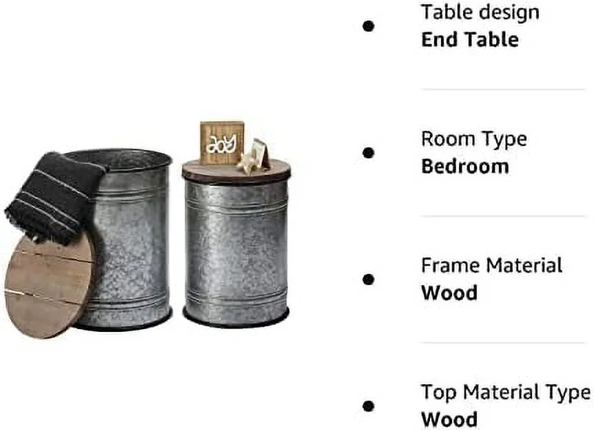 WTYNKAE Rustic  Ottoman Seat Stool  Farmhouse Accent   Antique Galvanized Metal End Table Box Bin with Round Wooden Lid  (Stand Galvanized)