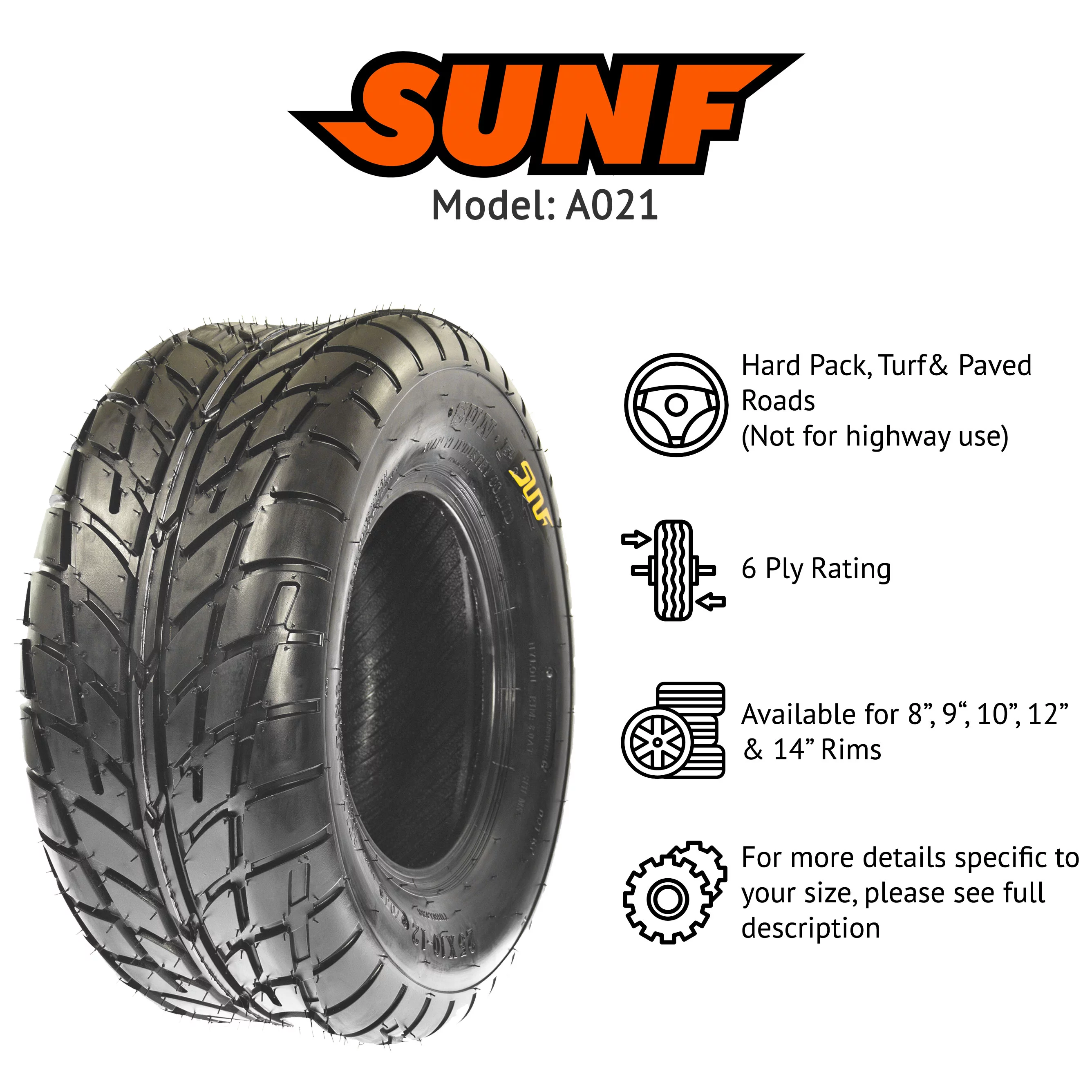 SunF All Terrain ATV UTV Sport Tires 25x10-12 25x10x12 6 PR A021 (Pair of 2)