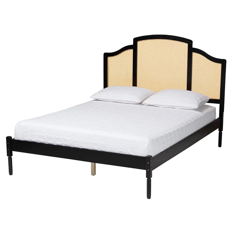 Pemberly Row Black Wood Queen Size Platform Bed with Woven Rattan