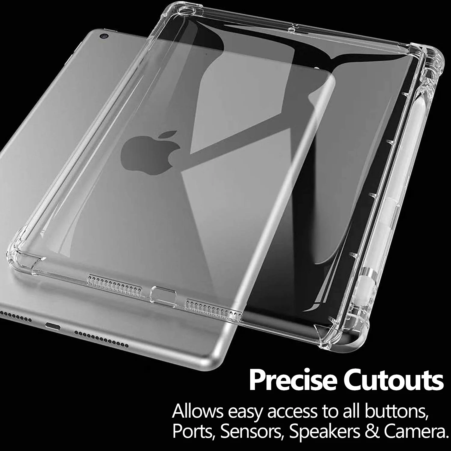 iPad 9.7 Inch 5 6 Air 1 2 [iPad 5th 6th Air 1st 2nd ] A1893 A1954 A1822 A1823 A1566 A1567 A1474 A1475 A1476 Silicon Transparent Slim Back Cover - Transparent with Pencil Holder