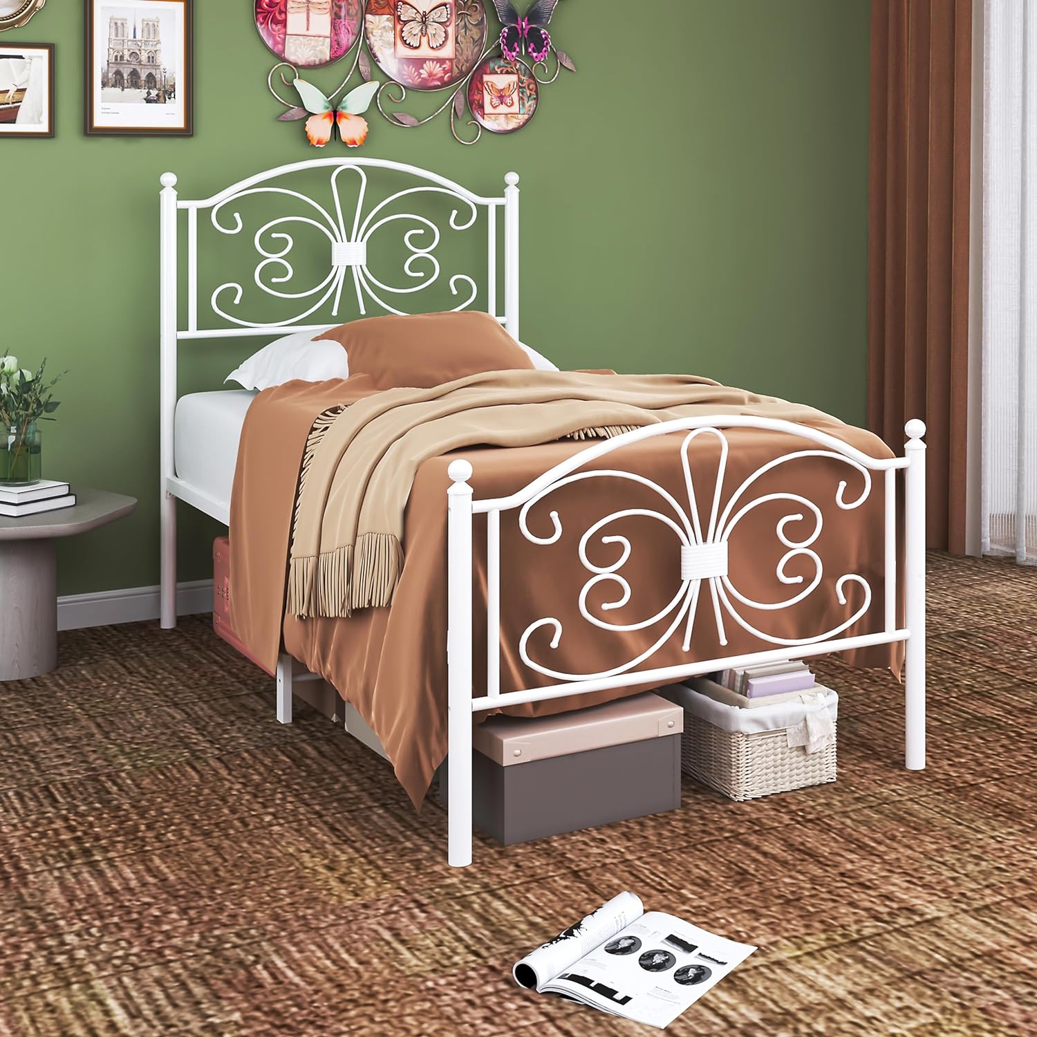 YILAN Twin Size Bed Frame with Headboard,18 inch high,Metal Bed Frame with Butterfly Pattern Design Mattress Foundation,No Box Spring Needed,Easy Assembly,White