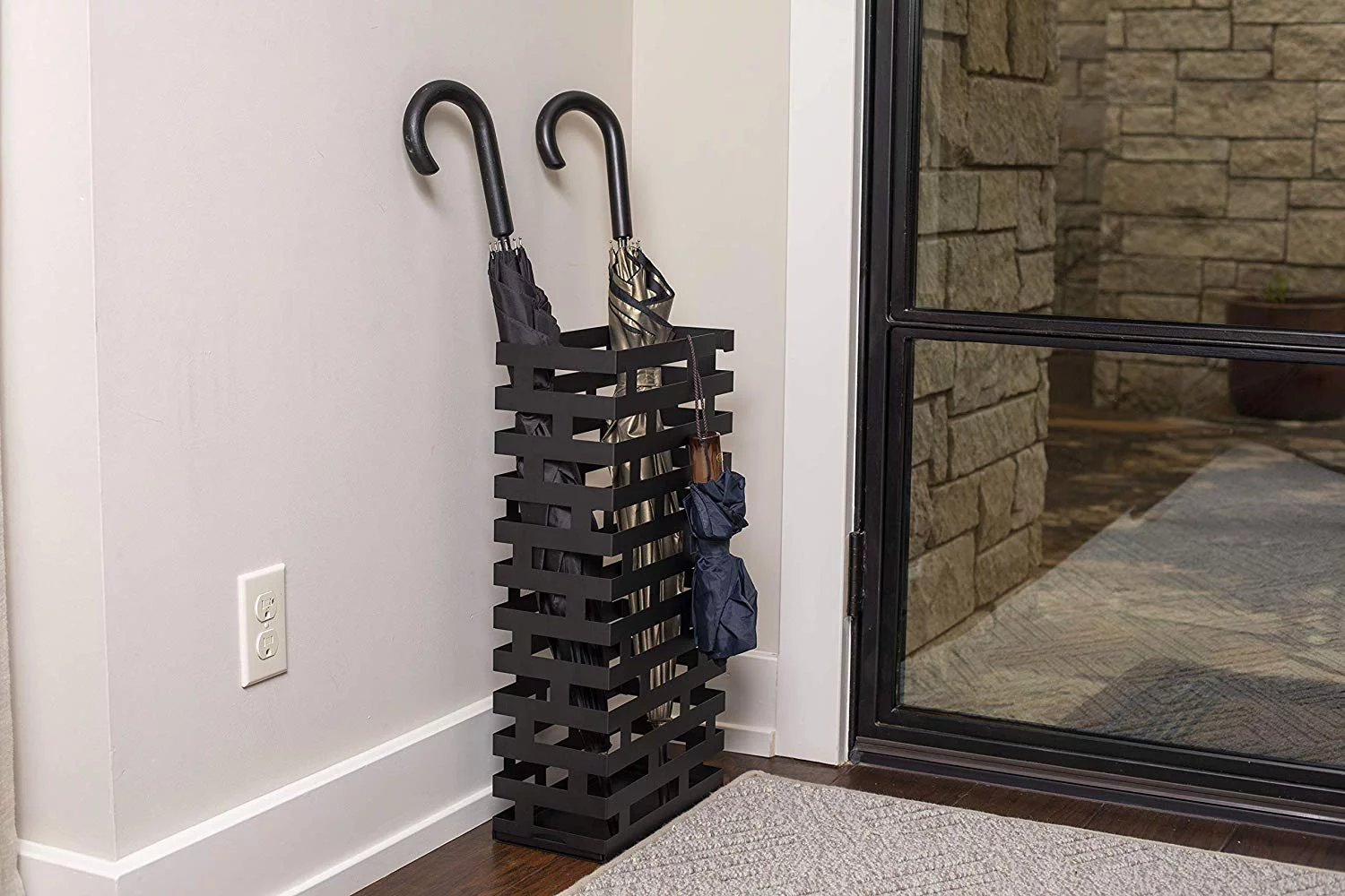 BirdRock Home Umbrella Holder Stand with Removable Water Tray - Line Design - Black