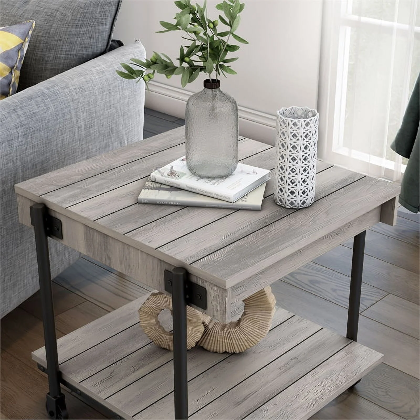 Bowery Hill Modern Wood Natural End Table with Metal Black Wheels