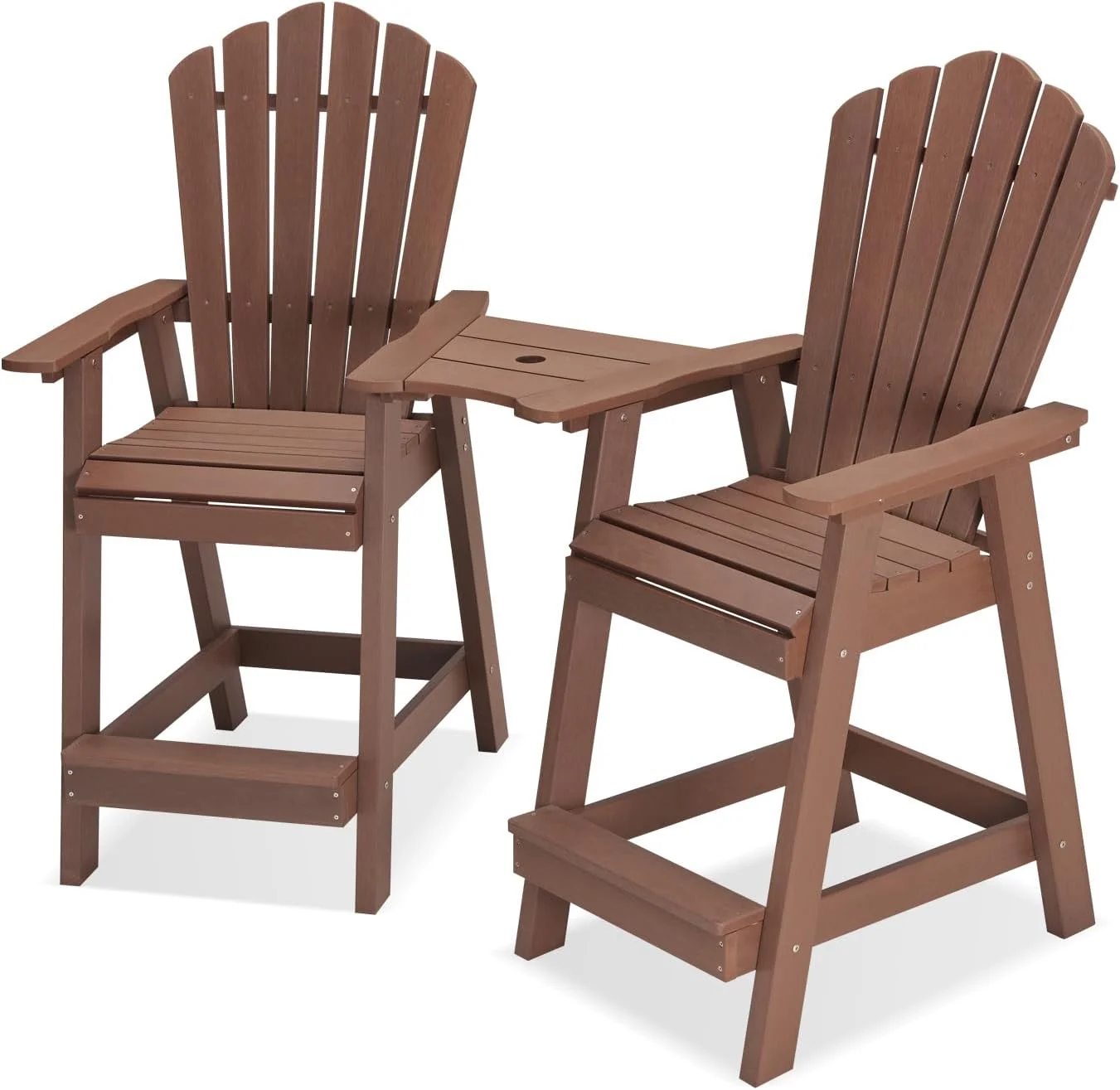 Tall Adirondack Chair Set Of 2, Lumber Outdoor Bar Stools With Connecting Tray, 350Lbs Support Patio Chairs For Balcony, Deck, Weather Resistant Outdoor Patio Furniture Sets (Brown)