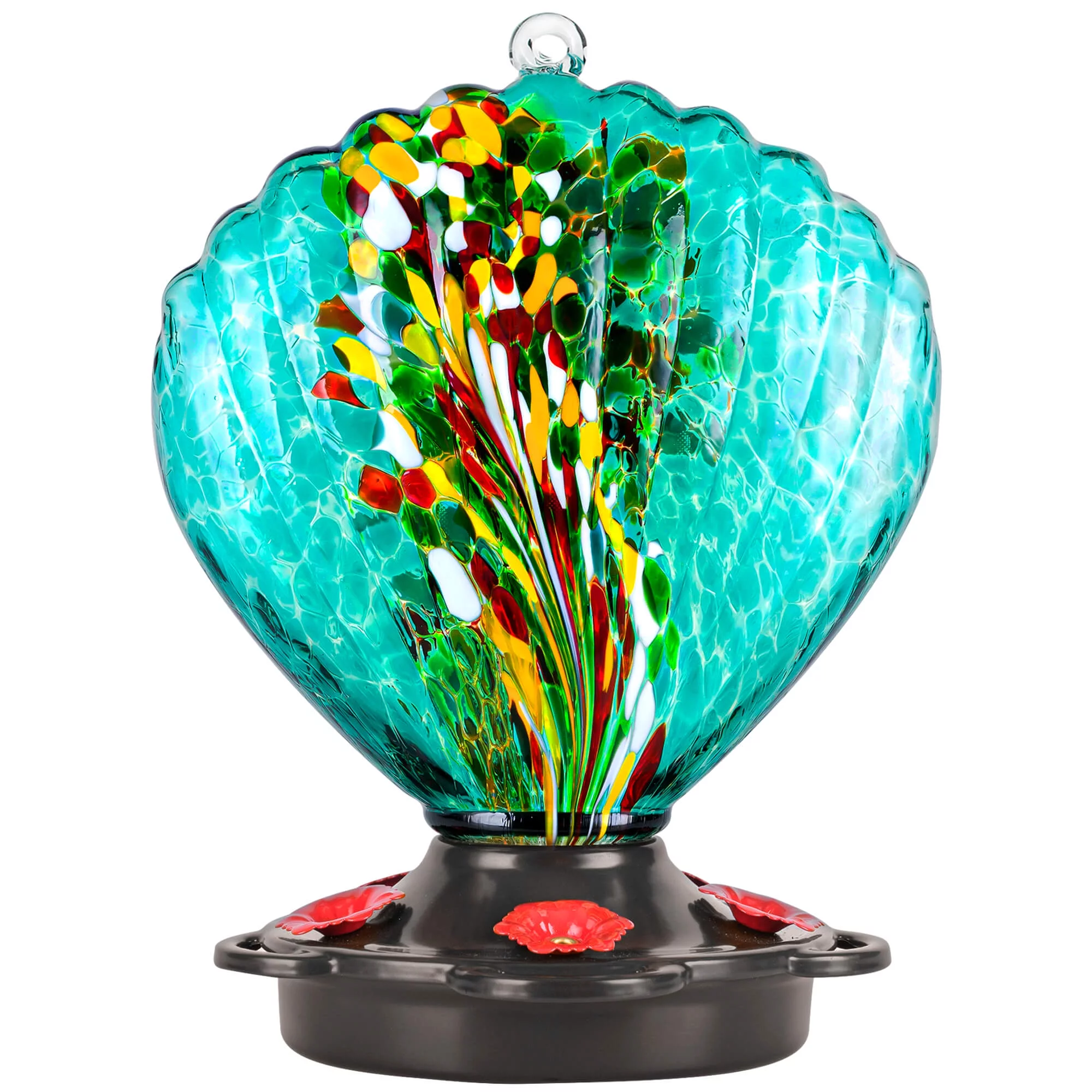 LUJII Seashell Shaped Hand Blown Glass Hummingbird Feeder for Outdoors Hanging, Rust Proof & Leak Proof, 25 fl.oz, Unique Gardening Gift for bird lovers, Garden & Backyard Decor, Teal