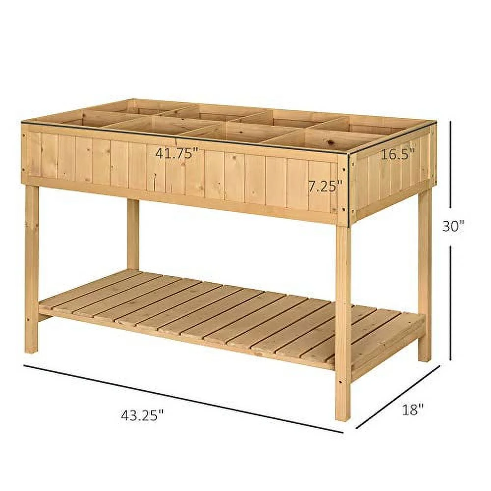 Outsunny Raised Garden Bed with 8 Pockets and Shelf, Wooden Elevated Planter Box with Legs to Grow Herbs, Vegetables, and Flowers, Natural