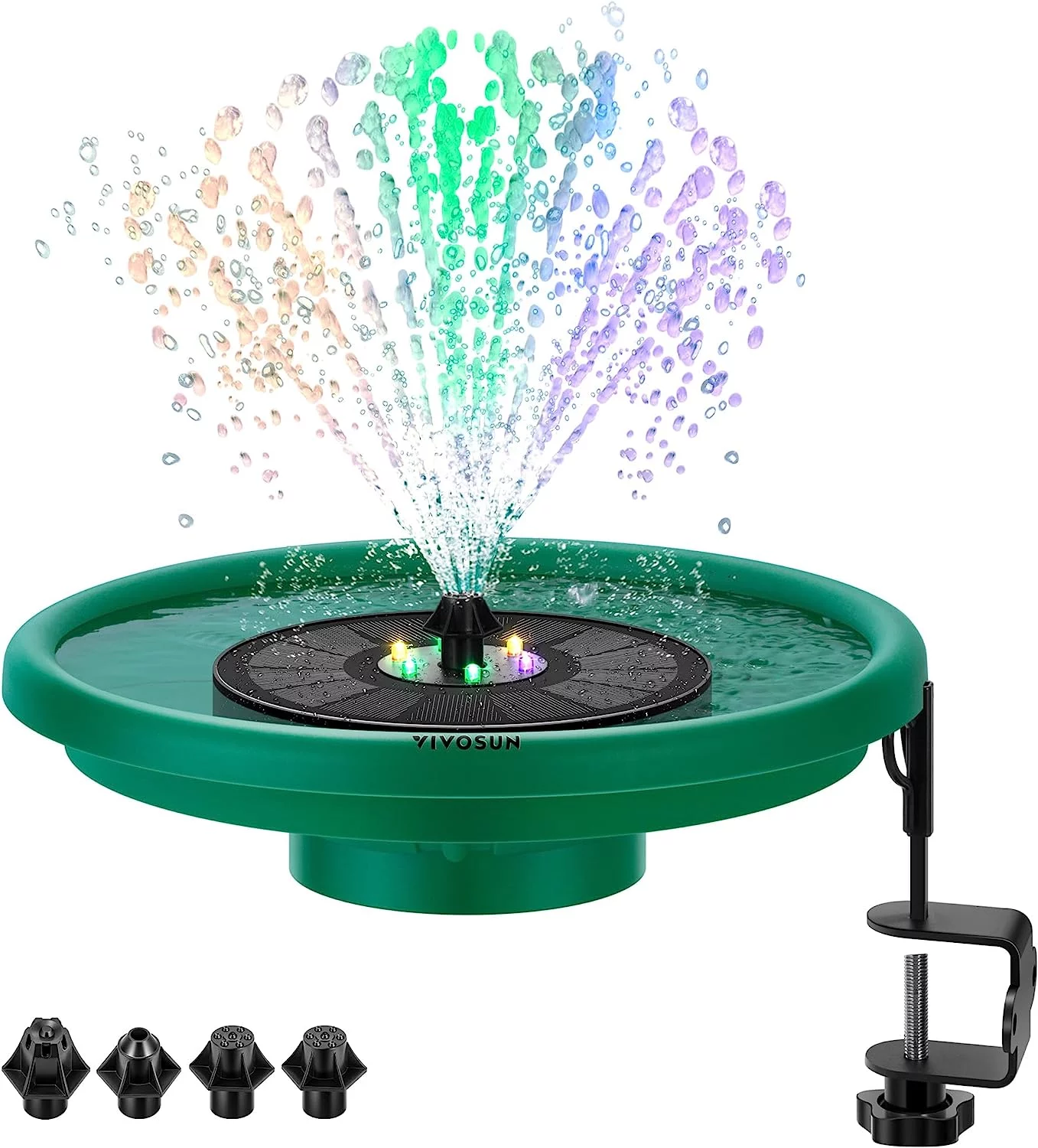 VIVOSUN Solar Bird Bath, Solar Powered Fountain Set with 6 Colorful LED Lights and Multiple Nozzles, Bird Bath & Pond Set for Outdoors, Gardens, Patio, Yard, Deck, Deep Green