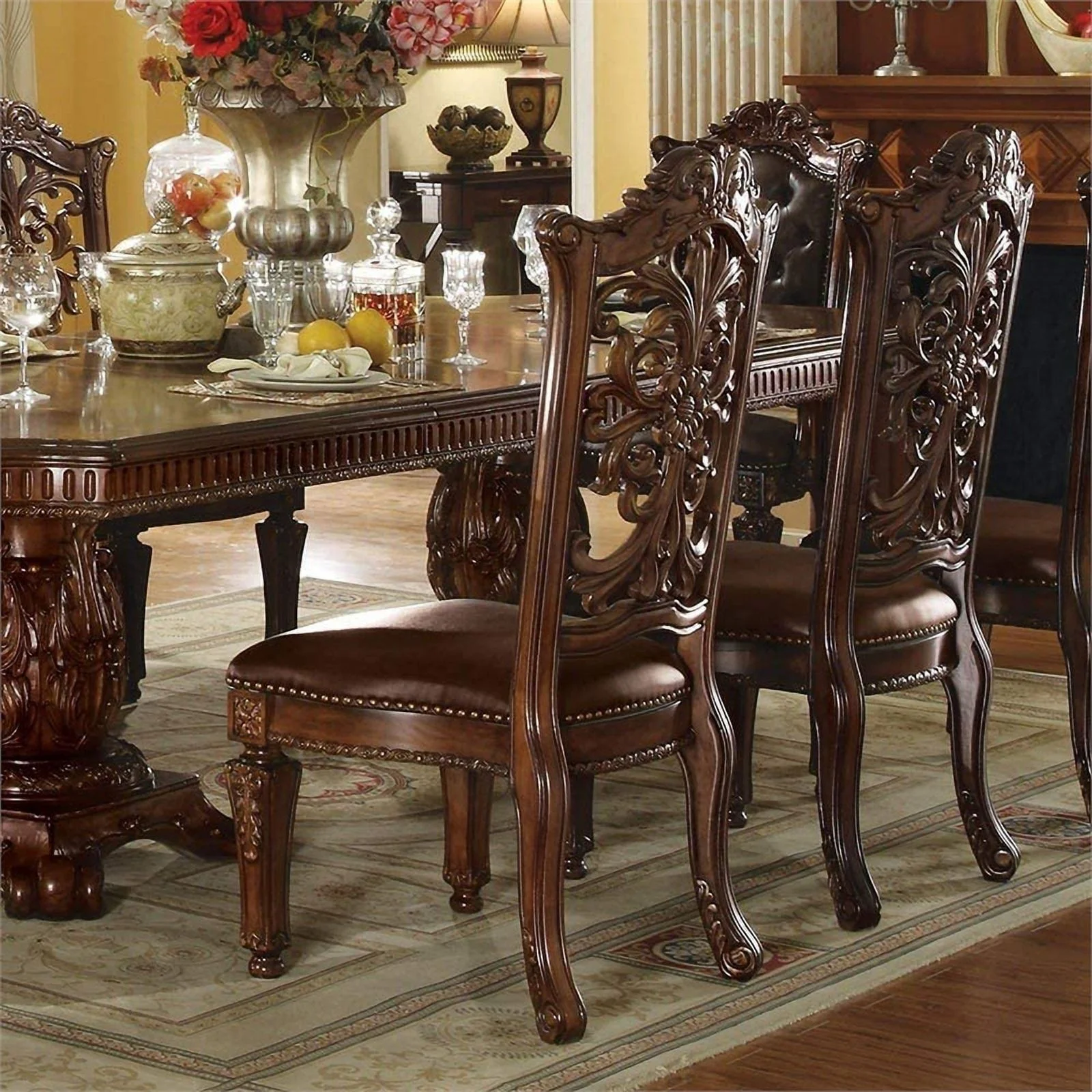 Bowery Hill Traditional Dining Side Chair in PU and Cherry (Set of 2)