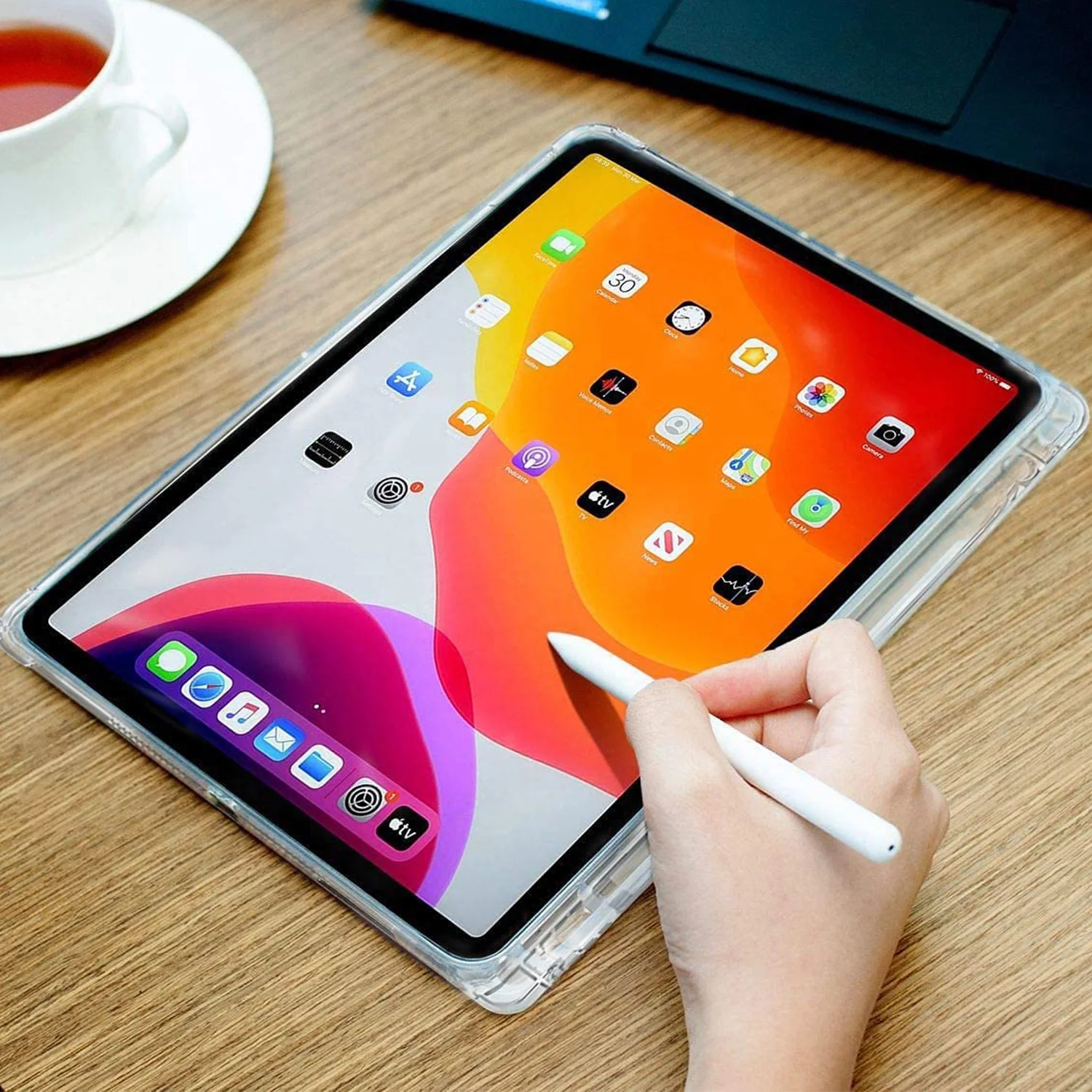 iPad 9.7 Inch 5 6 Air 1 2 [iPad 5th 6th Air 1st 2nd ] A1893 A1954 A1822 A1823 A1566 A1567 A1474 A1475 A1476 Silicon Transparent Slim Back Cover - Transparent with Pencil Holder